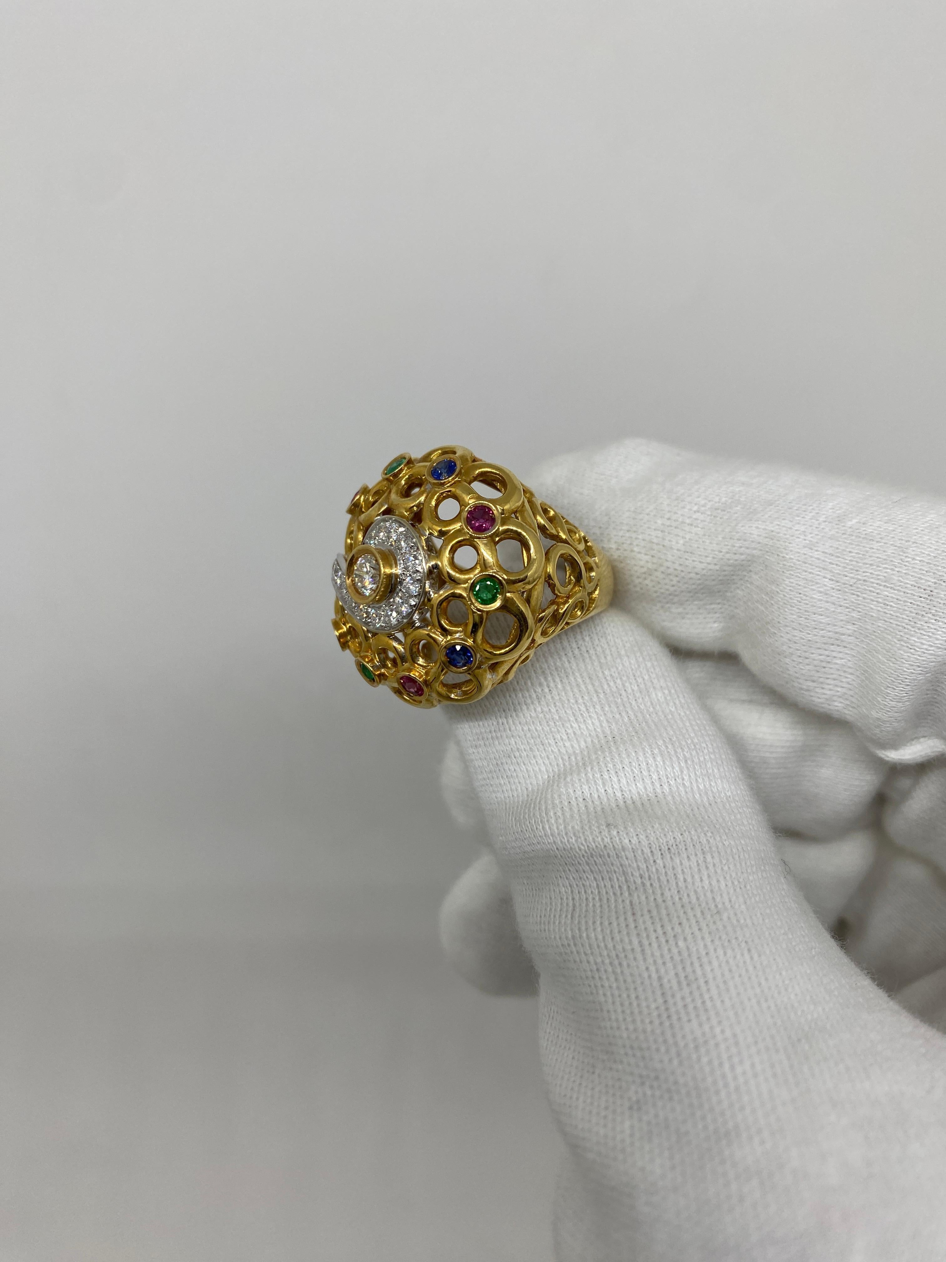 18Kt Yellow Gold Ring White Diamonds 0.53 Ct, Sapphires, Rubies & Emeralds In Excellent Condition For Sale In Bergamo, BG