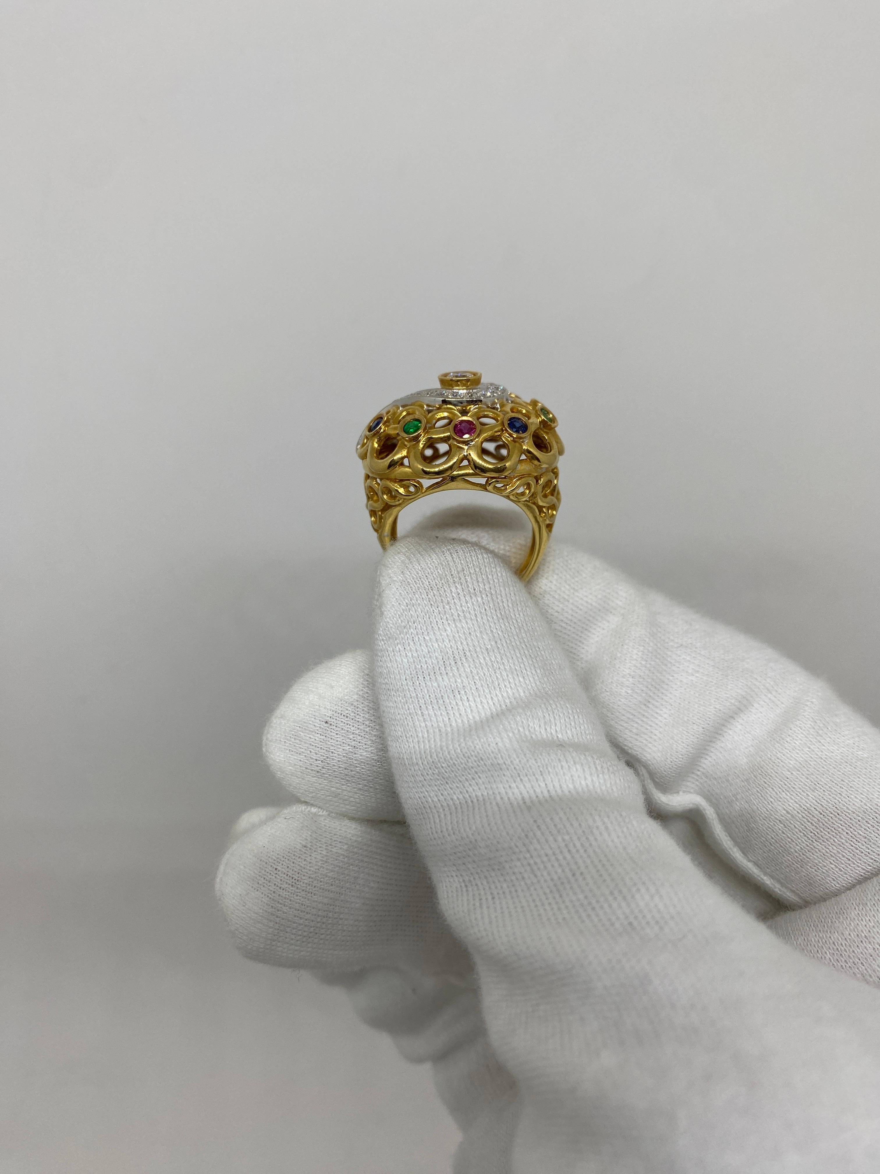 Women's 18Kt Yellow Gold Ring White Diamonds 0.53 Ct, Sapphires, Rubies & Emeralds For Sale