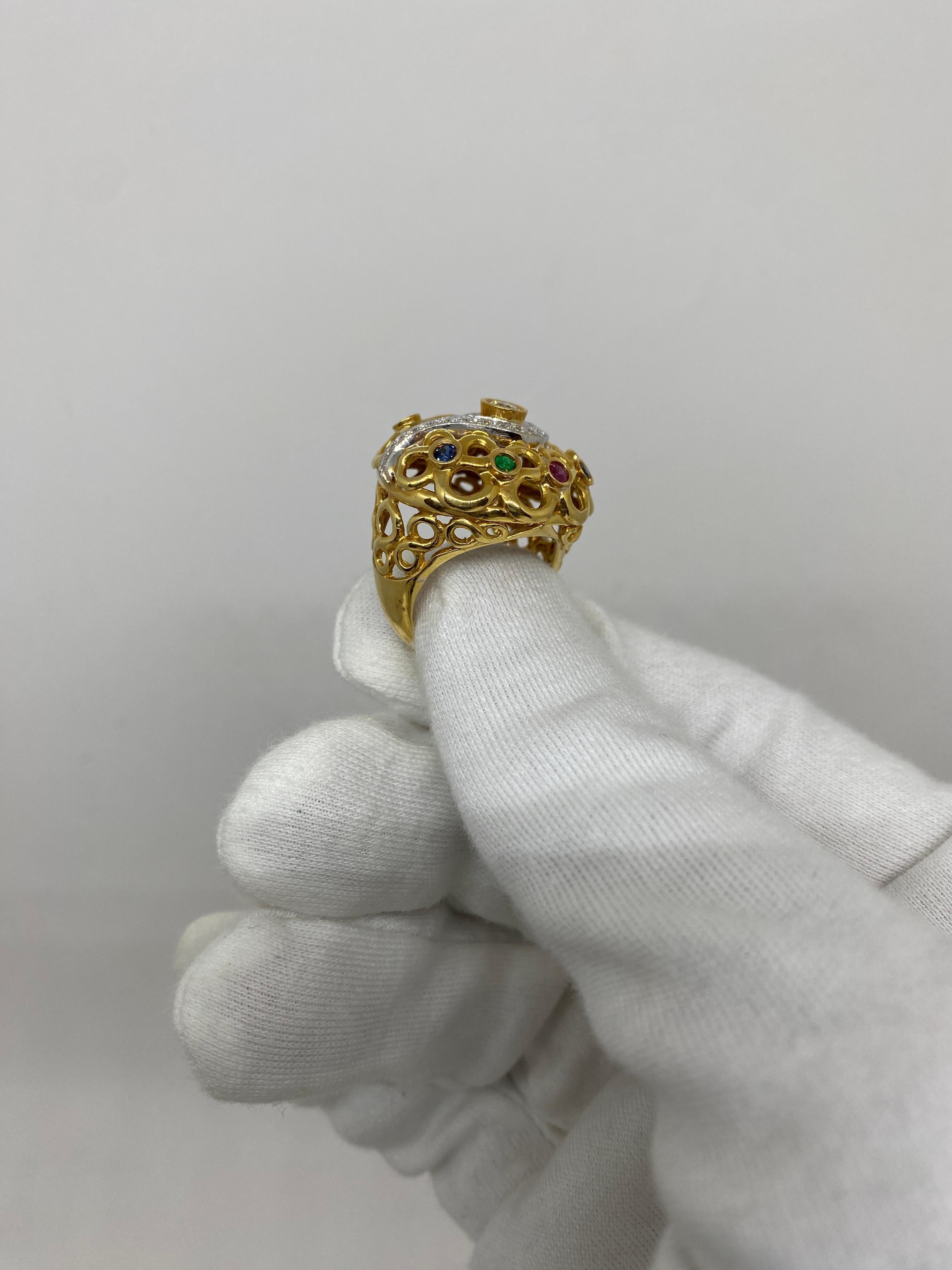 18Kt Yellow Gold Ring White Diamonds 0.53 Ct, Sapphires, Rubies & Emeralds For Sale 1