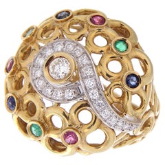 Retro 18Kt Yellow Gold Ring White Diamonds 0.53 Ct, Sapphires, Rubies & Emeralds