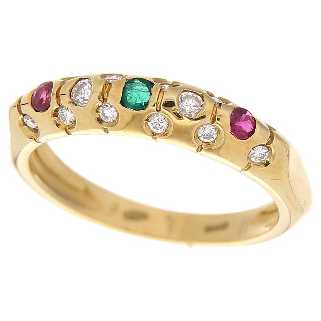 18 Karat Gelbgold Ring mit weißen Diamanten, Smaragden und Rubinen