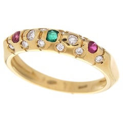 Retro 18Kt Yellow Gold Ring White Diamonds, Emeralds & Rubies