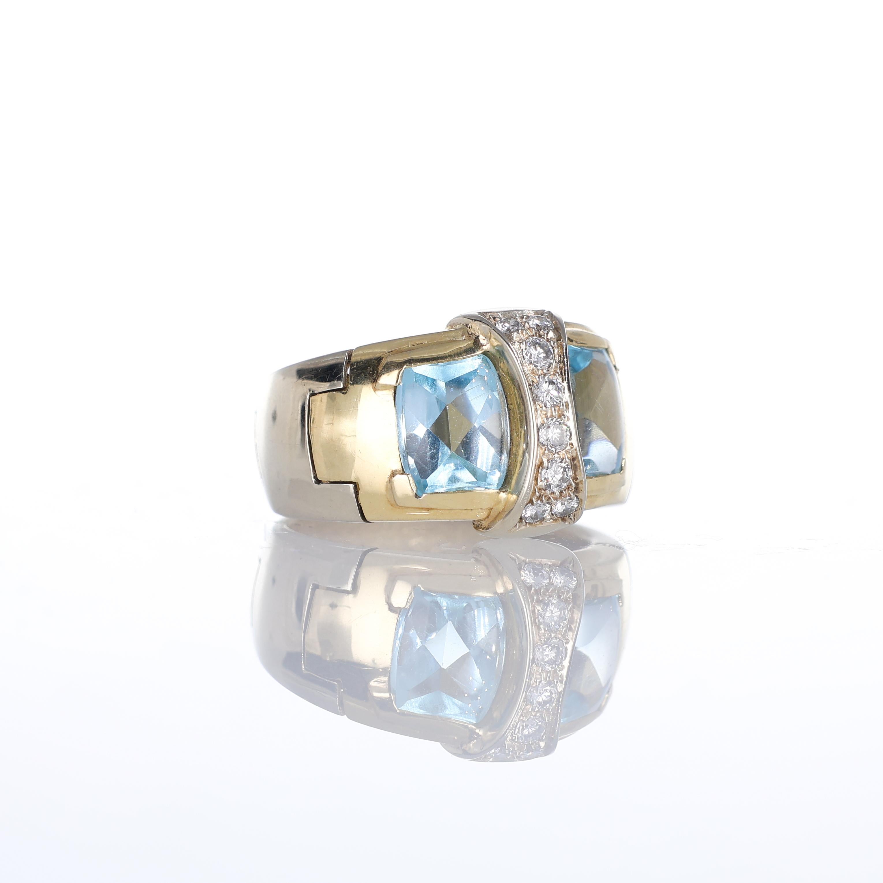 Brilliant Cut 18kt Yellow Gold Ring with Blue Topazes and Diamonds For Sale