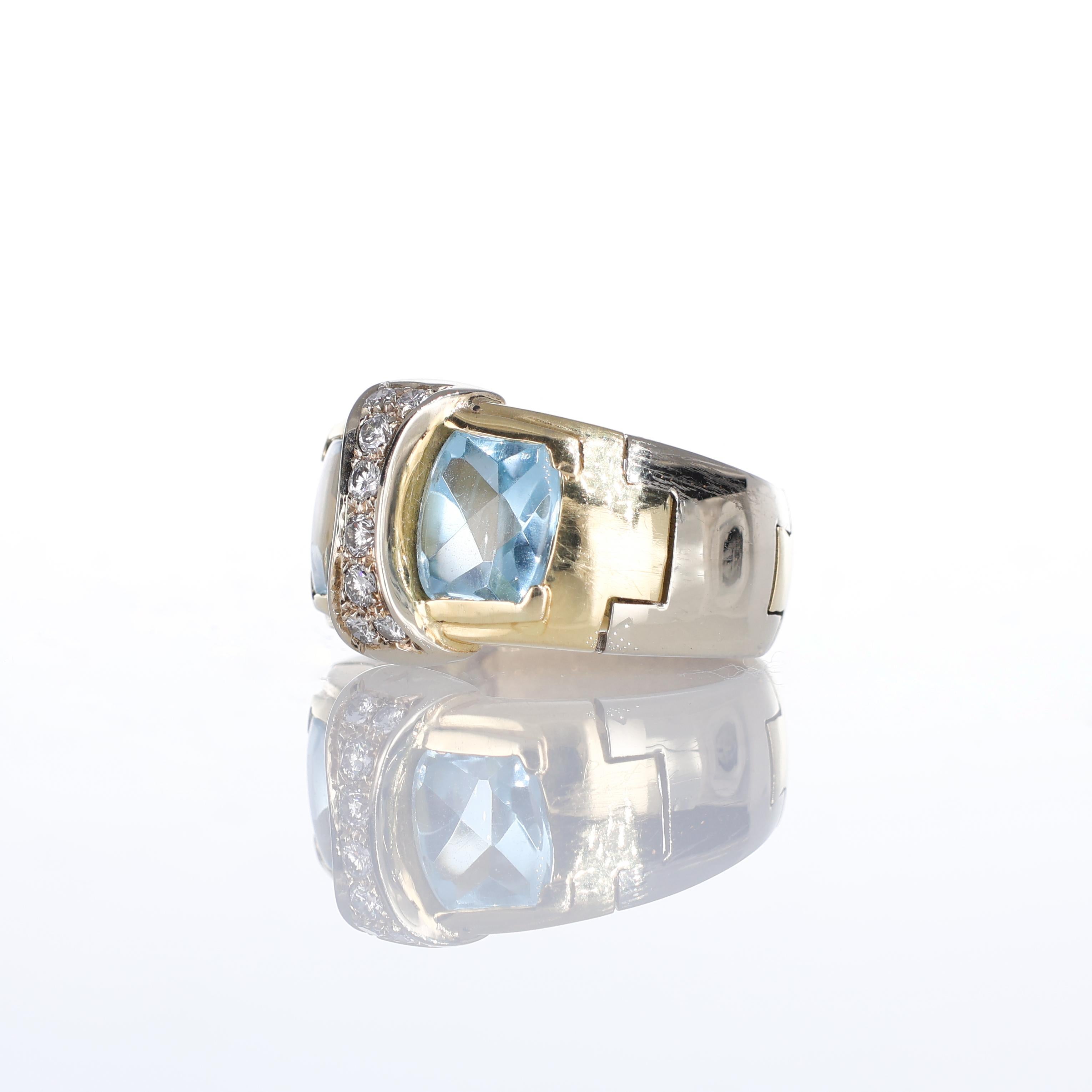 18kt Yellow Gold Ring with Blue Topazes and Diamonds In New Condition For Sale In Bergamo, BG