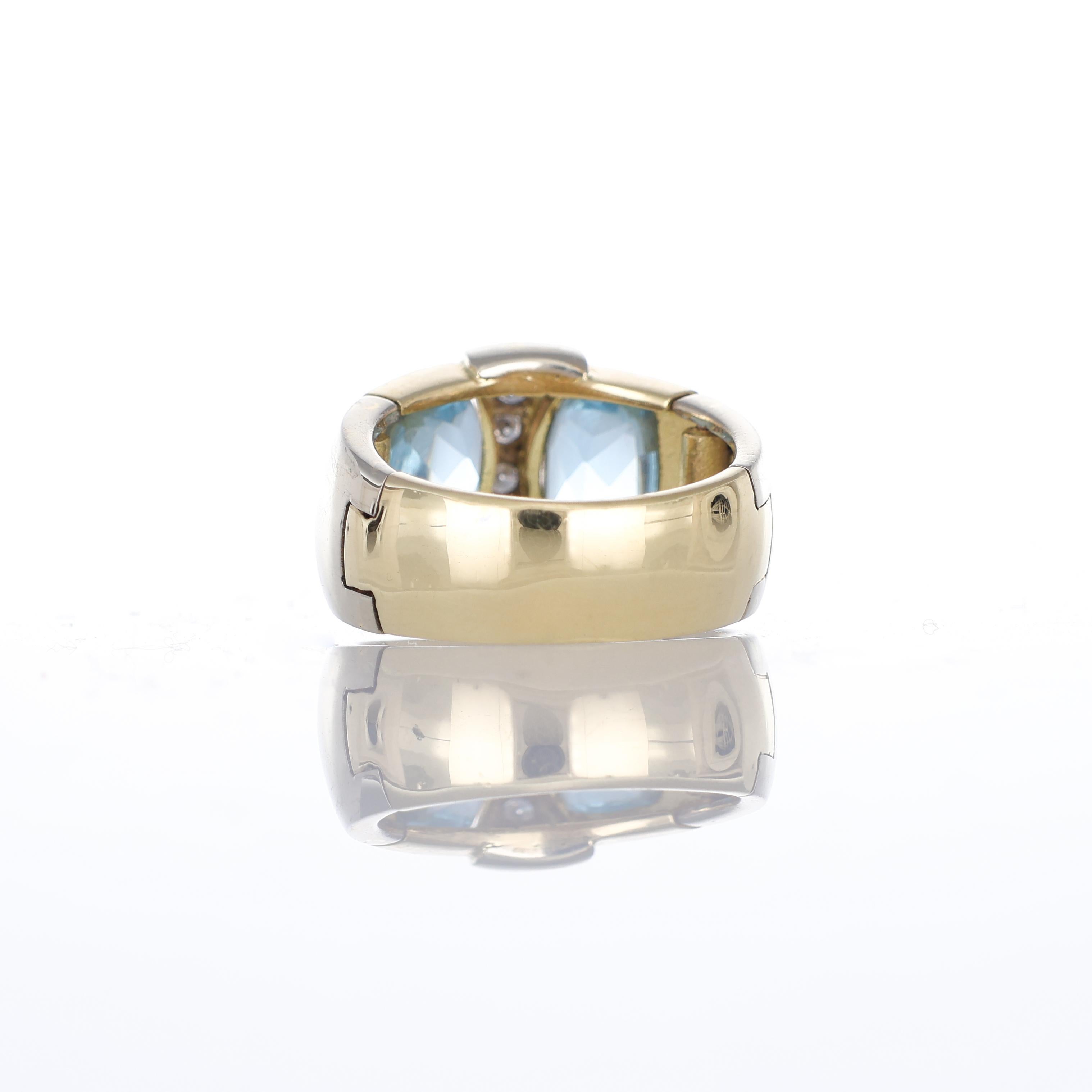 Women's or Men's 18kt Yellow Gold Ring with Blue Topazes and Diamonds For Sale