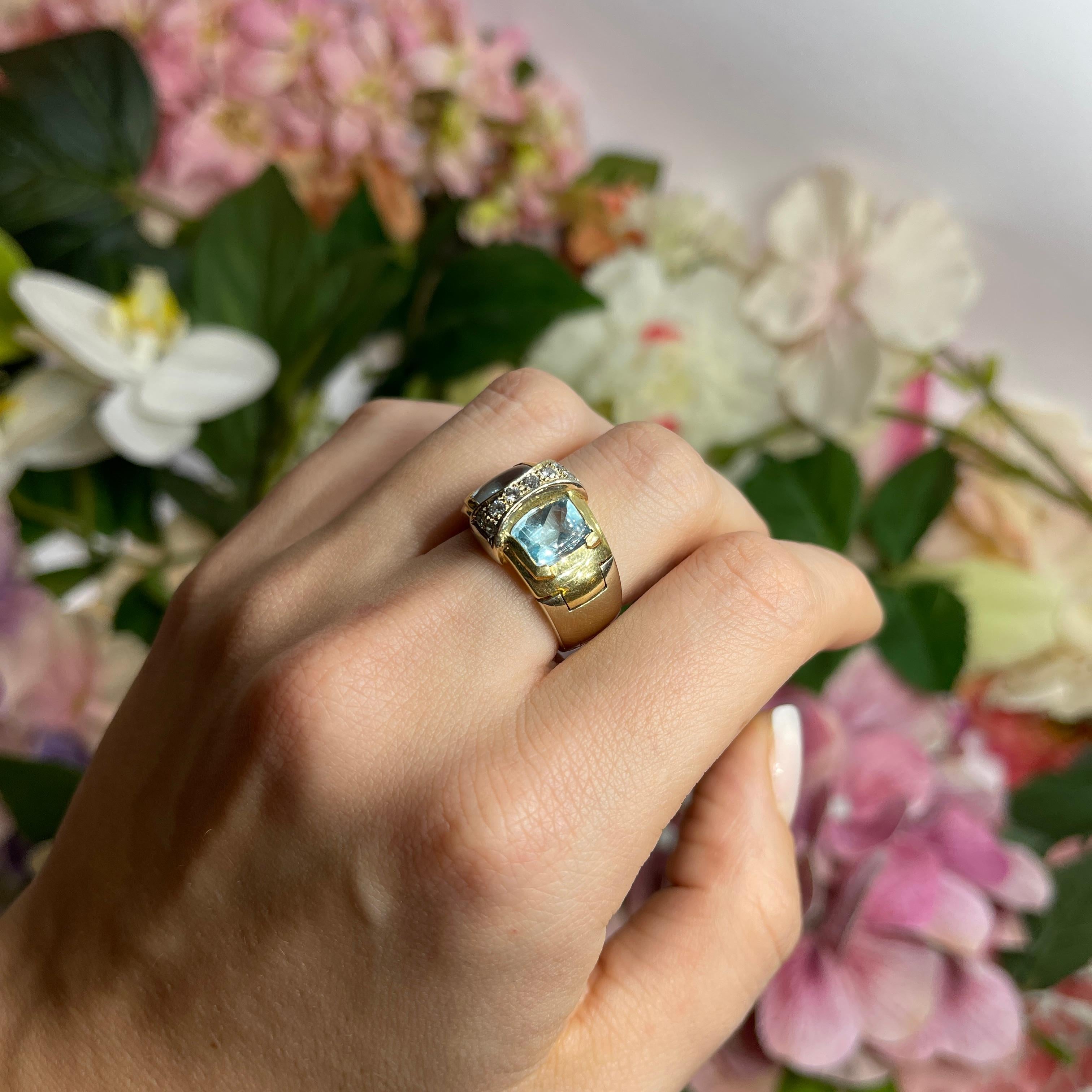 18kt Yellow Gold Ring with Blue Topazes and Diamonds For Sale 4