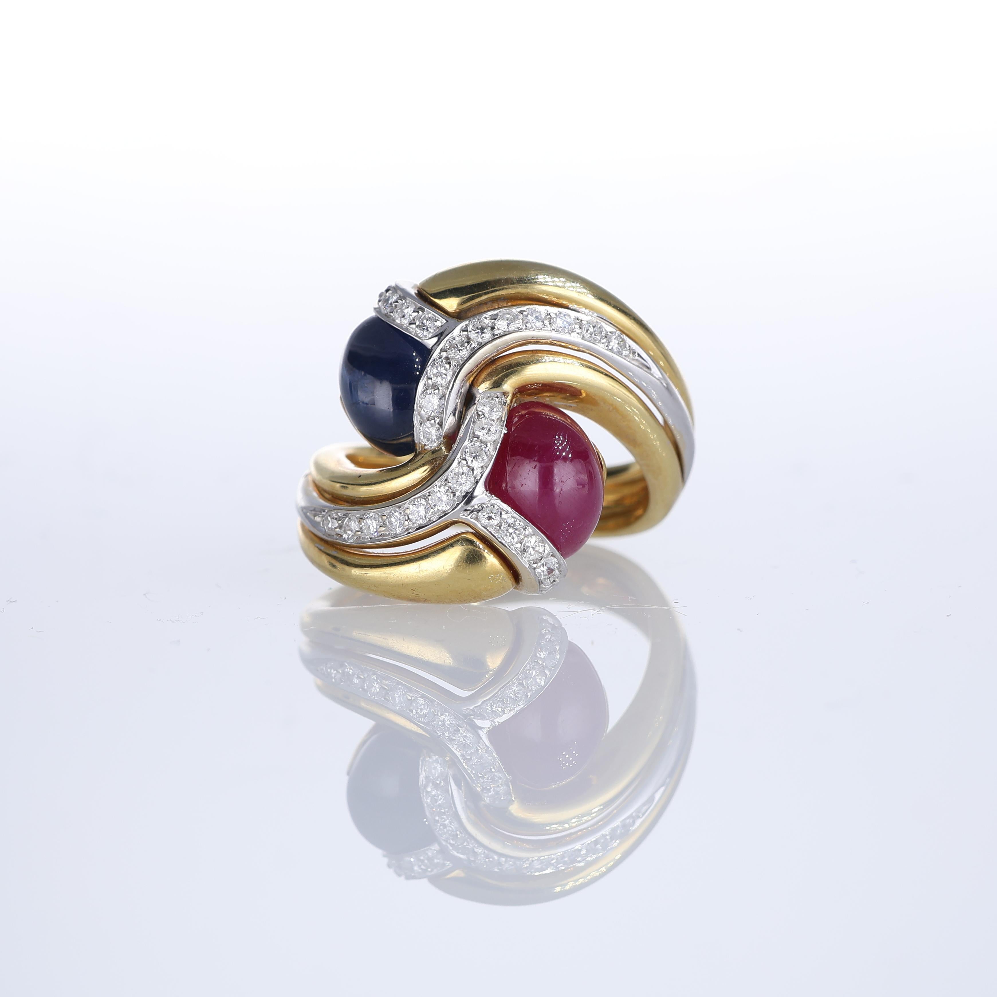 Brilliant Cut 18kt Yellow Gold Ring with Cabochon-Cut Sapphire, Ruby, and Diamonds For Sale