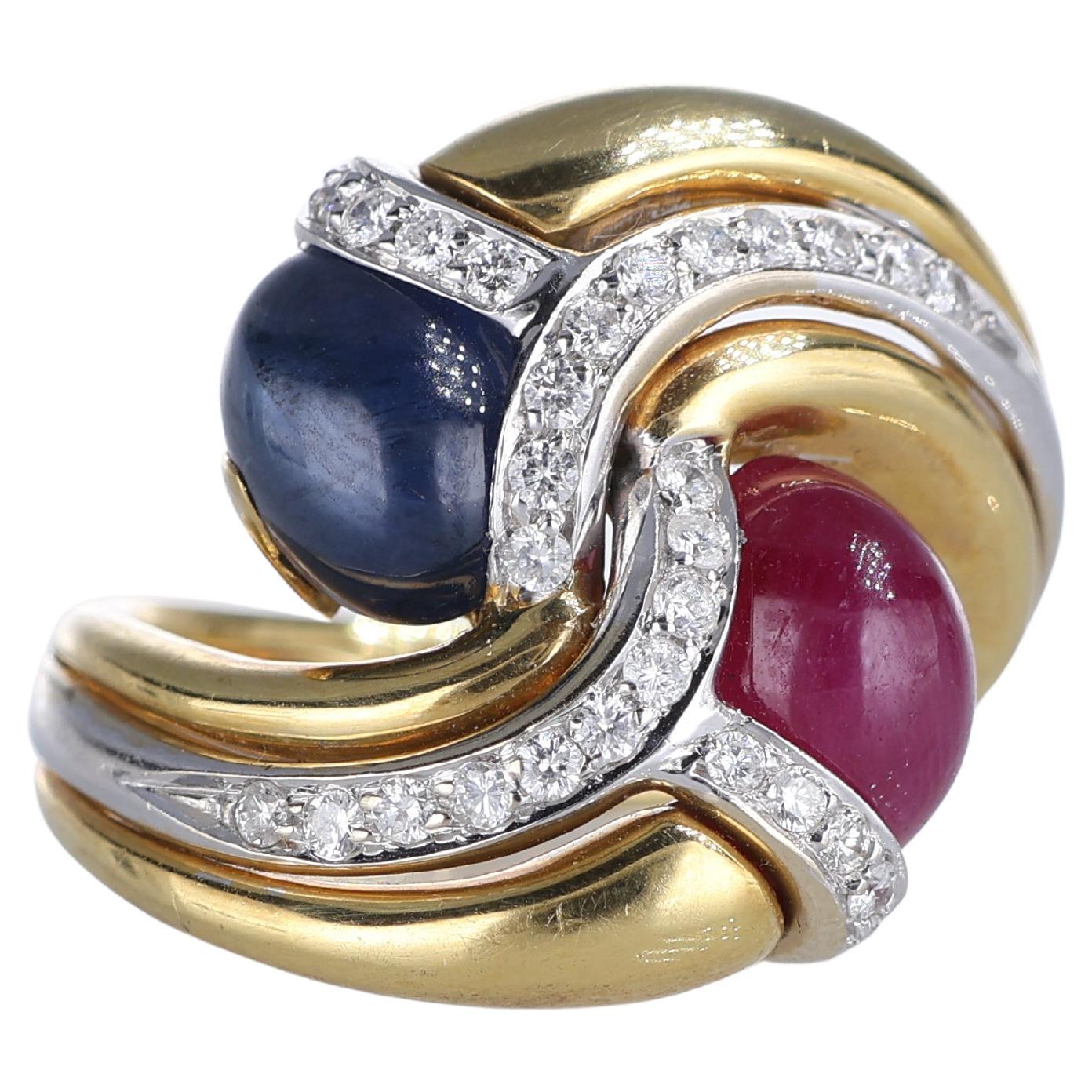 18kt Yellow Gold Ring with Cabochon-Cut Sapphire, Ruby, and Diamonds