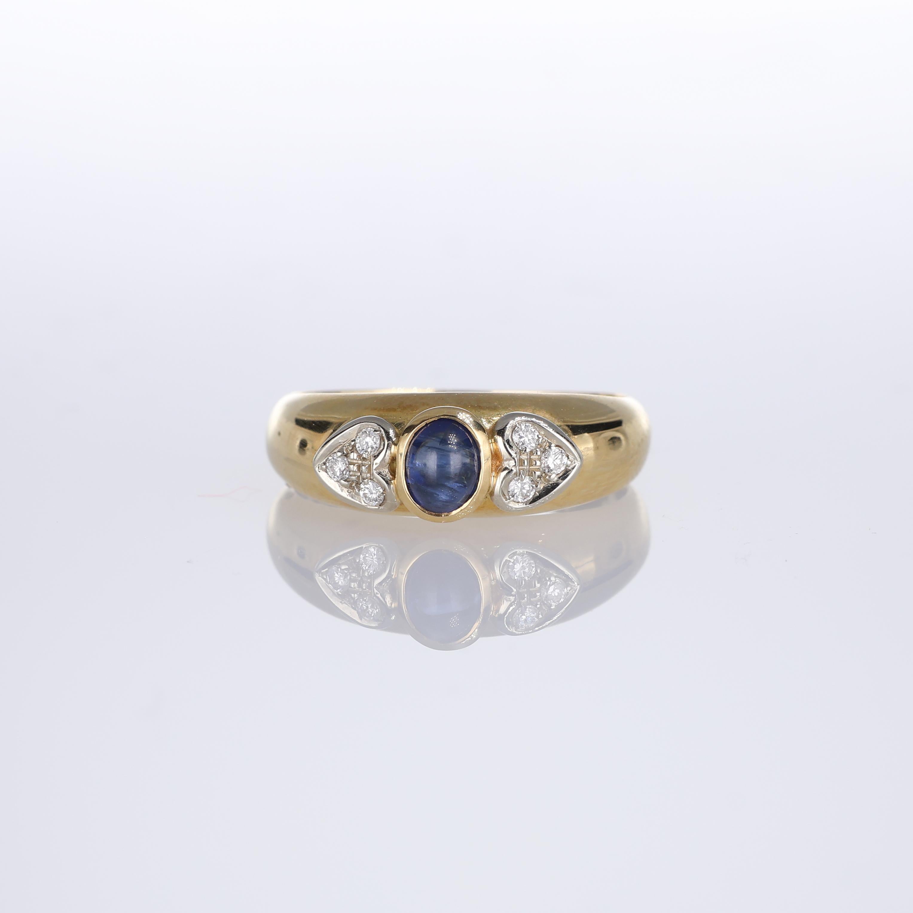 IMPORTANT NOTE:
✔ No additional costs will be added to this order.
✔ Shipping and customs duties are fully covered by us.
--------------------
An exquisite 18kt yellow gold ring featuring a central cabochon sapphire weighing 0.65 carats, flanked by