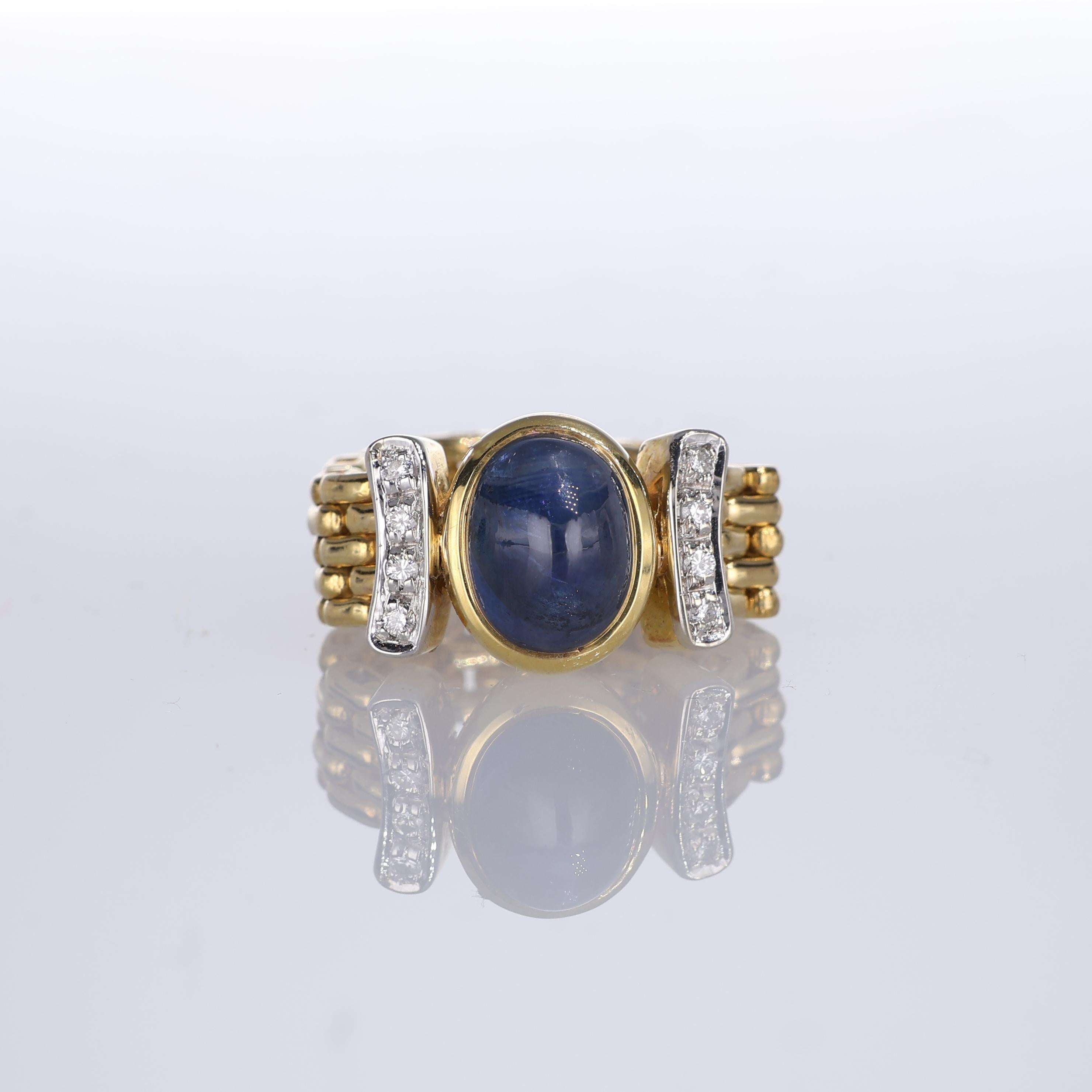 IMPORTANT NOTE:
✔ No additional costs will be added to this order.
✔ Shipping and customs duties are fully covered by us.
--------------------
An 18kt yellow gold ring showcasing a captivating cabochon sapphire at the center, accentuated by