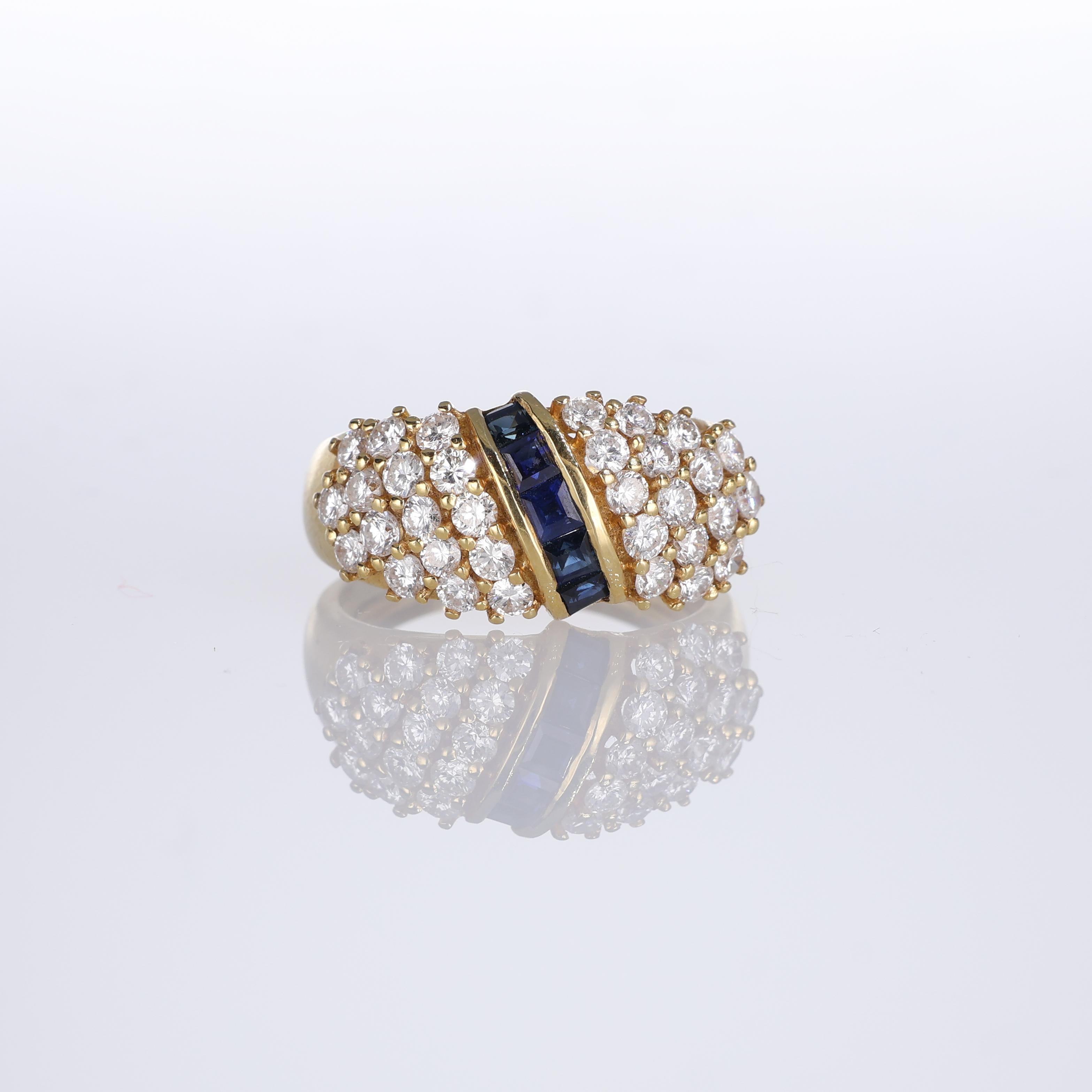 IMPORTANT NOTE:
✔ No additional costs will be added to this order.
✔ Shipping and customs duties are fully covered by us.
--------------------
An elegant 18kt yellow gold ring adorned with carre-cut sapphires totaling 0.28 carats, framed by a