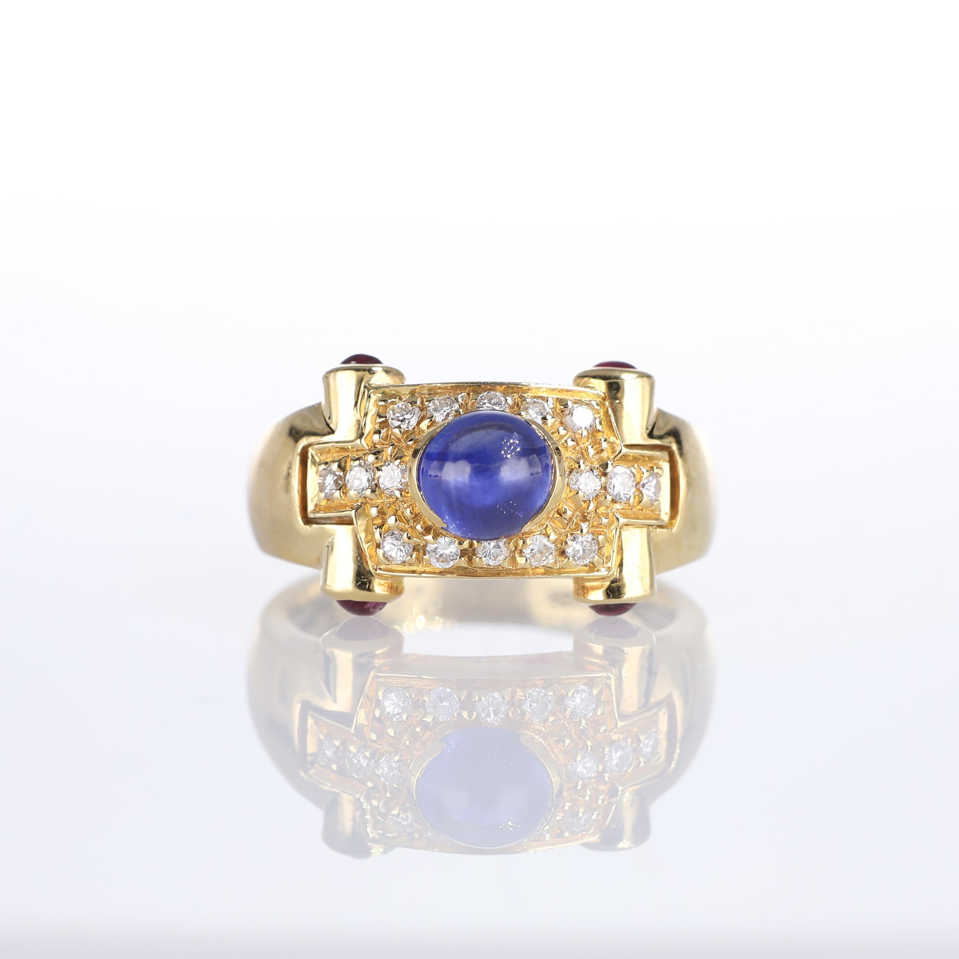 IMPORTANT NOTE:
✔ No additional costs will be added to this order.
✔ Shipping and customs duties are fully covered by us.
--------------------
This elegant 18kt yellow gold band ring features a stunning central cabochon sapphire surrounded by a