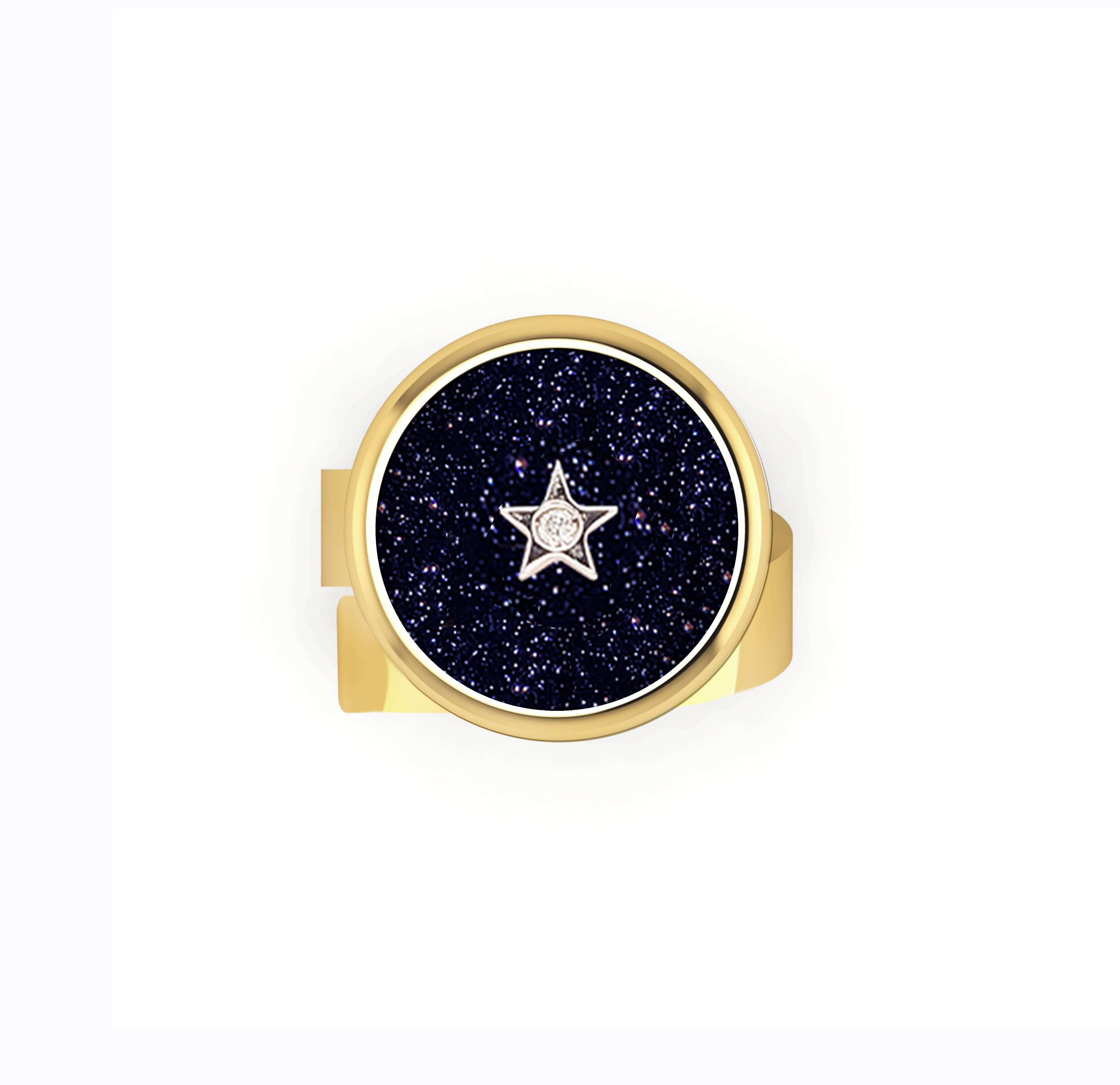 O R A Midnight Collection.
This ring expresses mistery and magic through a beautiful blue sky full of stars.
Aventurine is a scintillating glass “discovered” by chance by Italian glassblowers in Venice in the seventeenth century, who discovered it