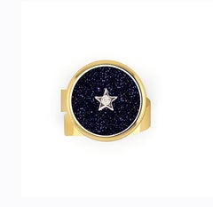 18kt Yellow Gold Ring with Diamond and Aventurine Glass Blue sky with Stars