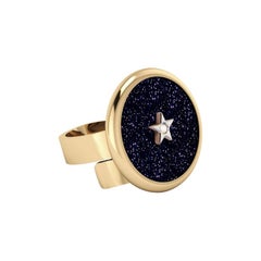 18kt Yellow Gold Ring with Diamond and Aventurine Glass Blue sky with Stars