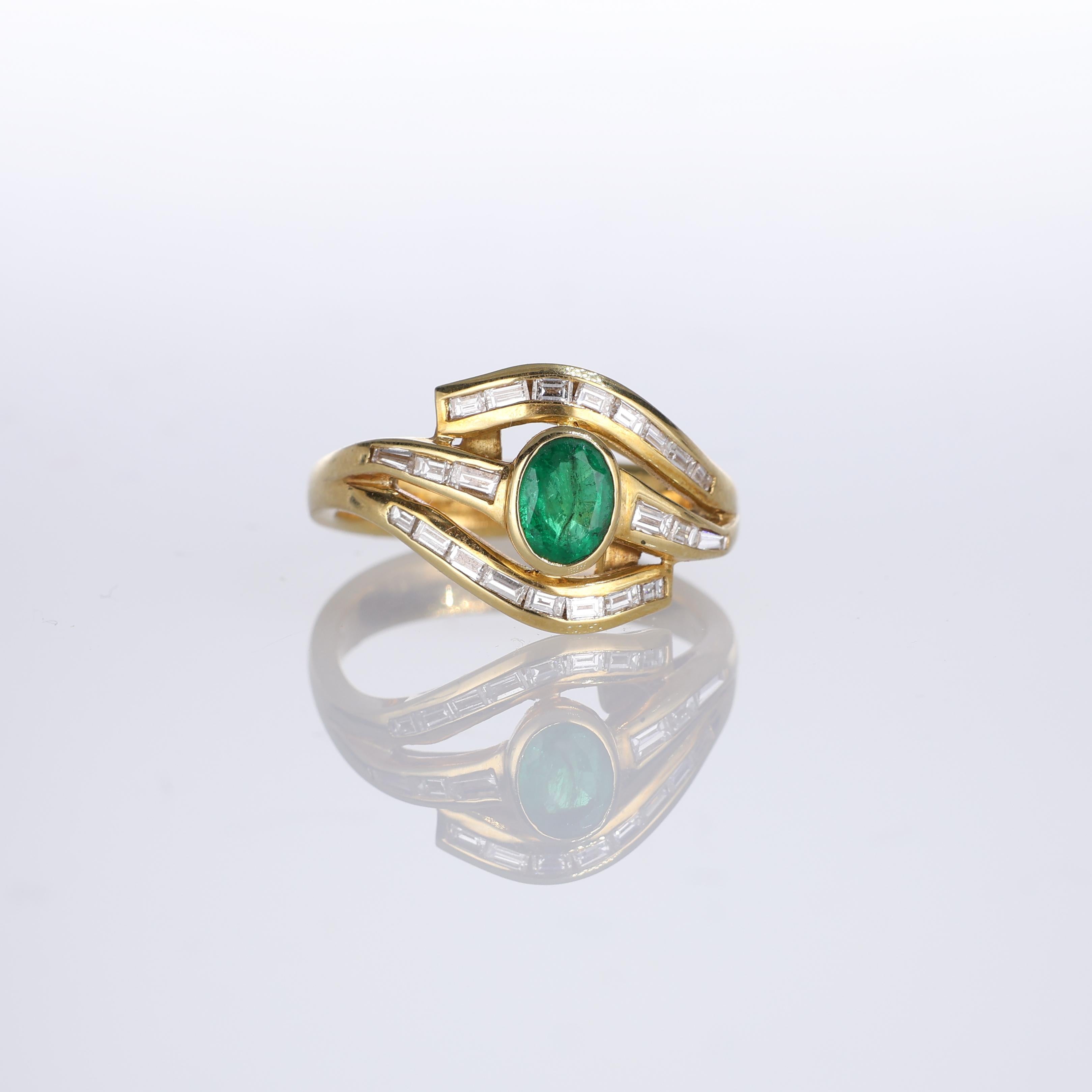 IMPORTANT NOTE:
✔ No additional costs will be added to this order.
✔ Shipping and customs duties are fully covered by us.
--------------------
An elegant 18kt yellow gold ring showcasing a central oval emerald weighing 0.41 carats. The design is