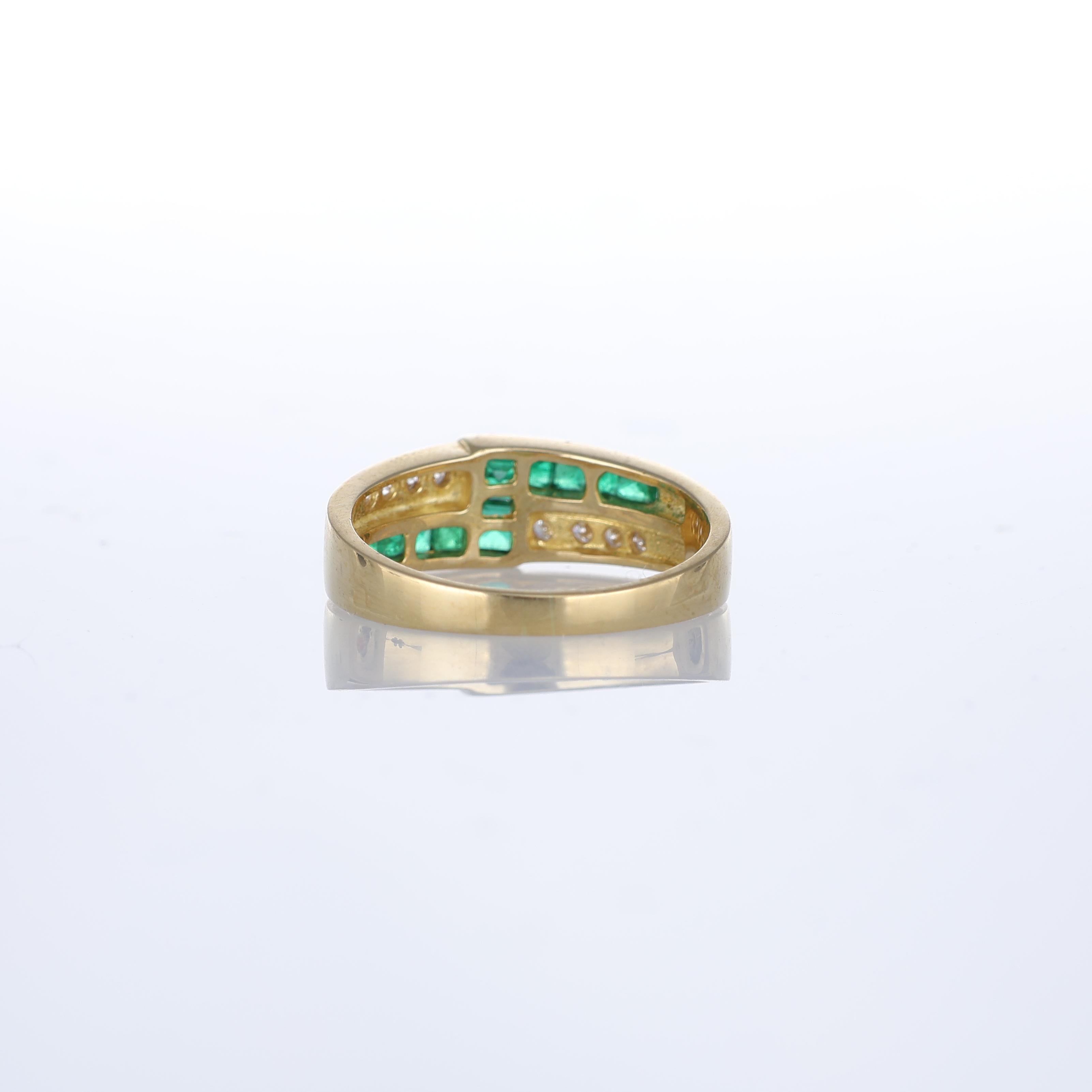 Women's or Men's 18kt Yellow Gold Ring with Emerald and Diamond Rows For Sale