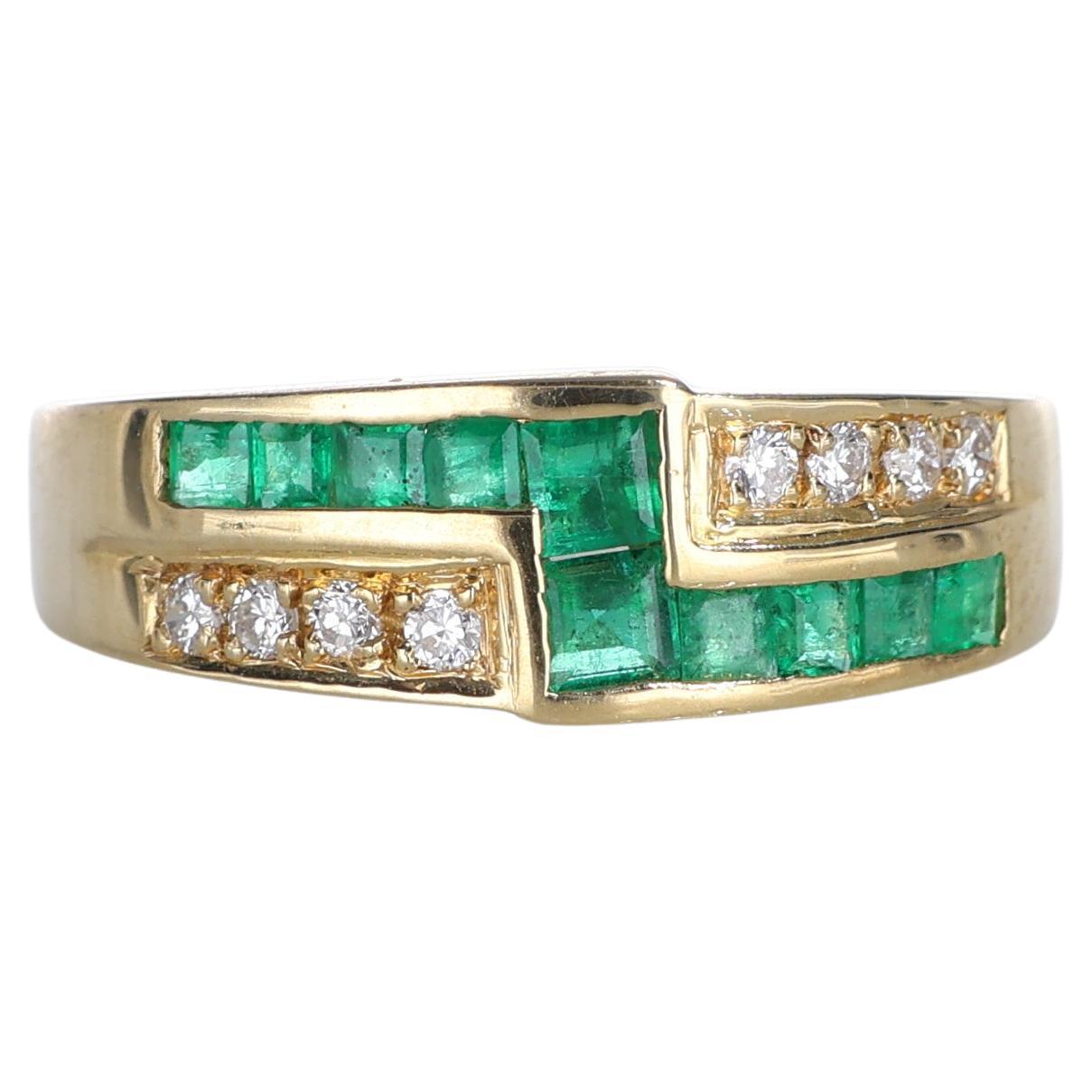 18kt Yellow Gold Ring with Emerald and Diamond Rows
