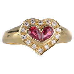 18kt Yellow Gold Ring with Heart Design, Ruby Drops, and Diamond Pavé  Descripti