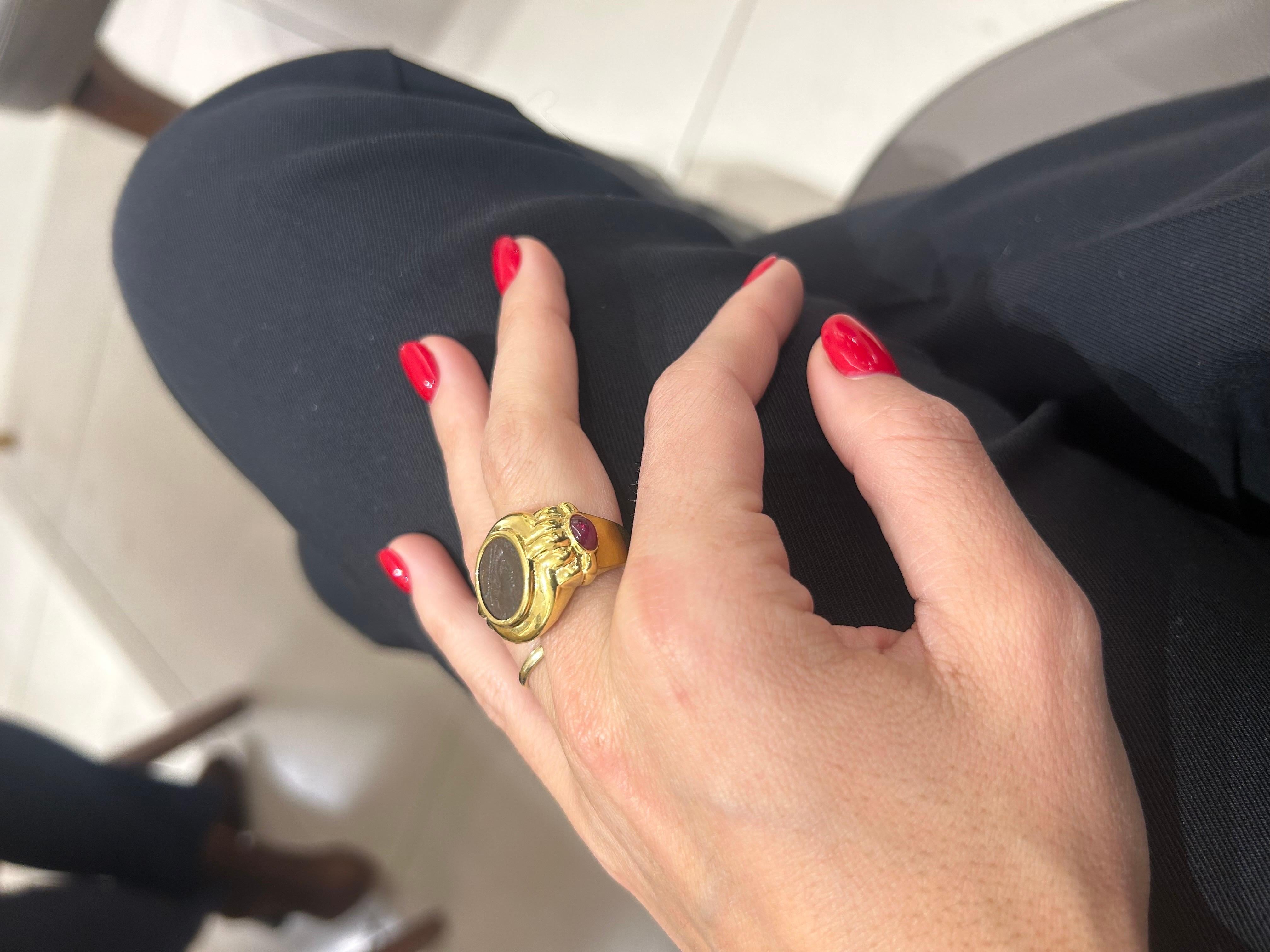 18KT Yellow Gold Ring with Indian Head Coin and  Cabochon Rubies 5