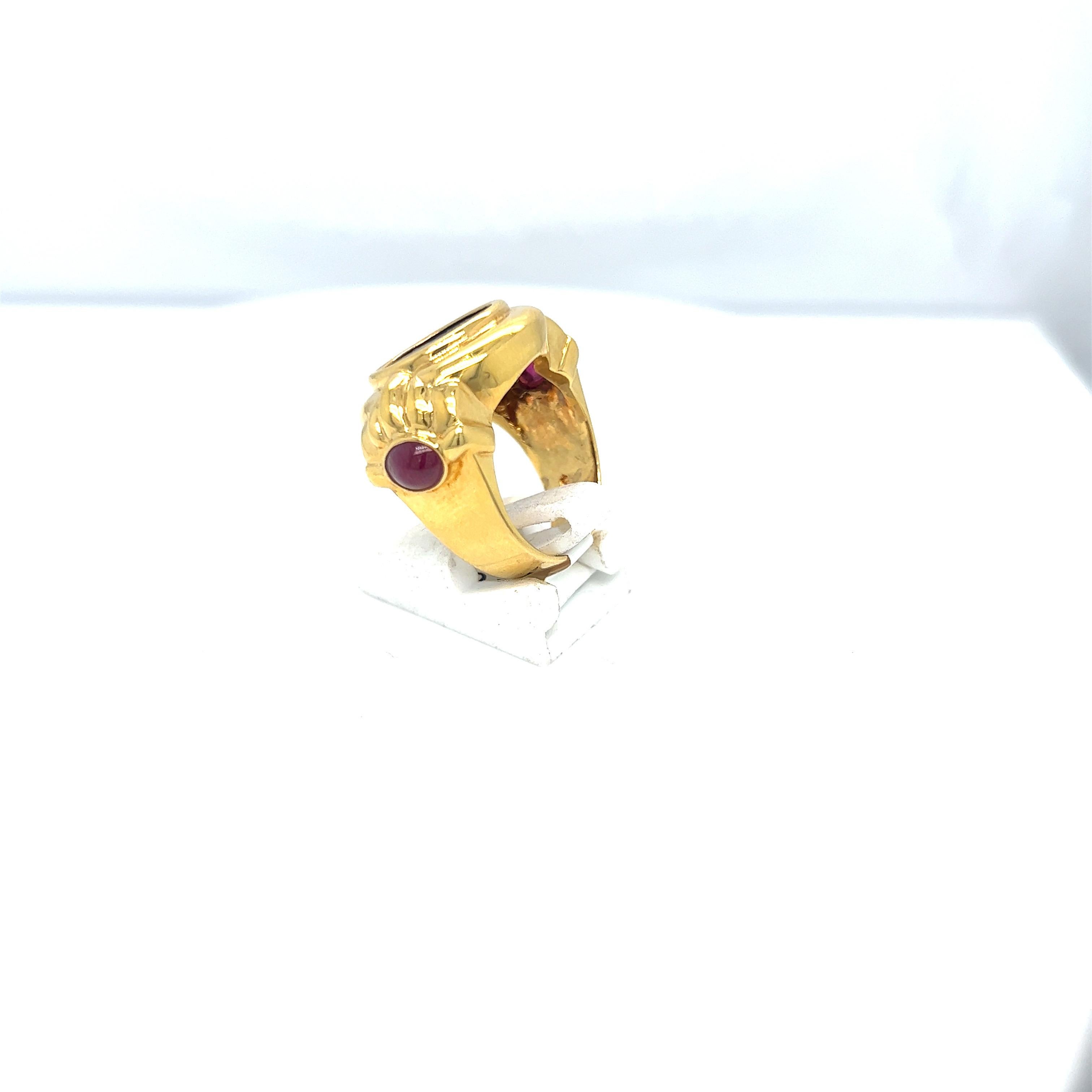 Contemporary 18KT Yellow Gold Ring with Indian Head Coin and  Cabochon Rubies For Sale