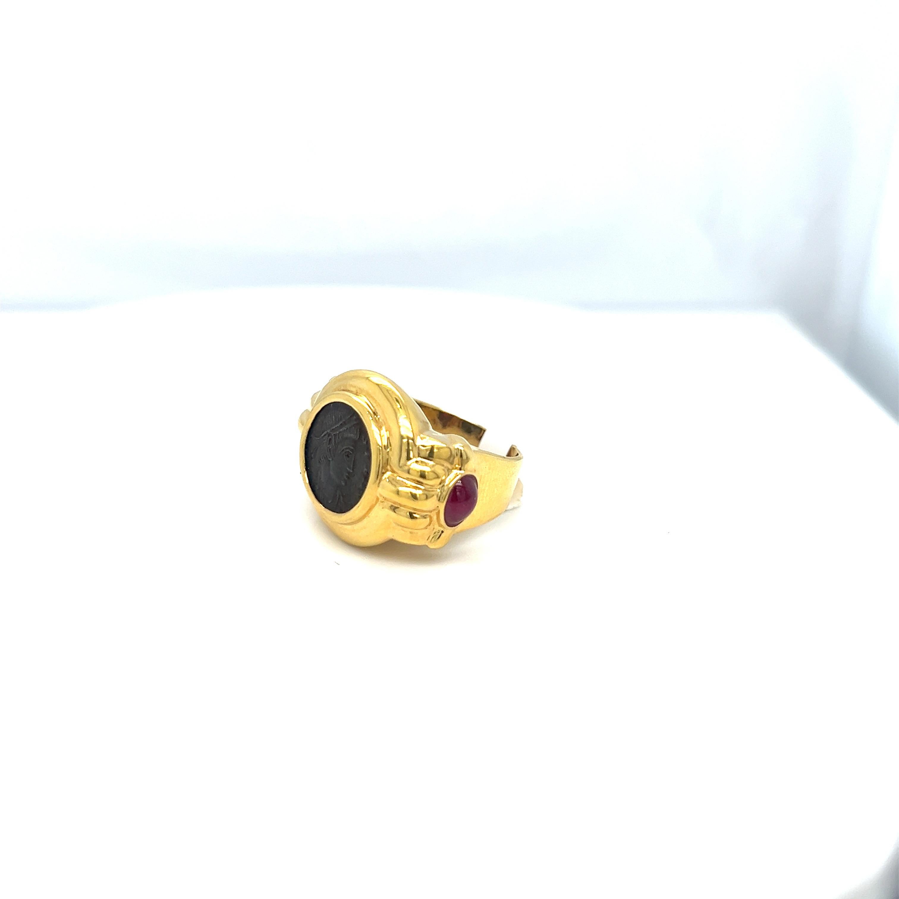 18KT Yellow Gold Ring with Indian Head Coin and  Cabochon Rubies In New Condition In New York, NY