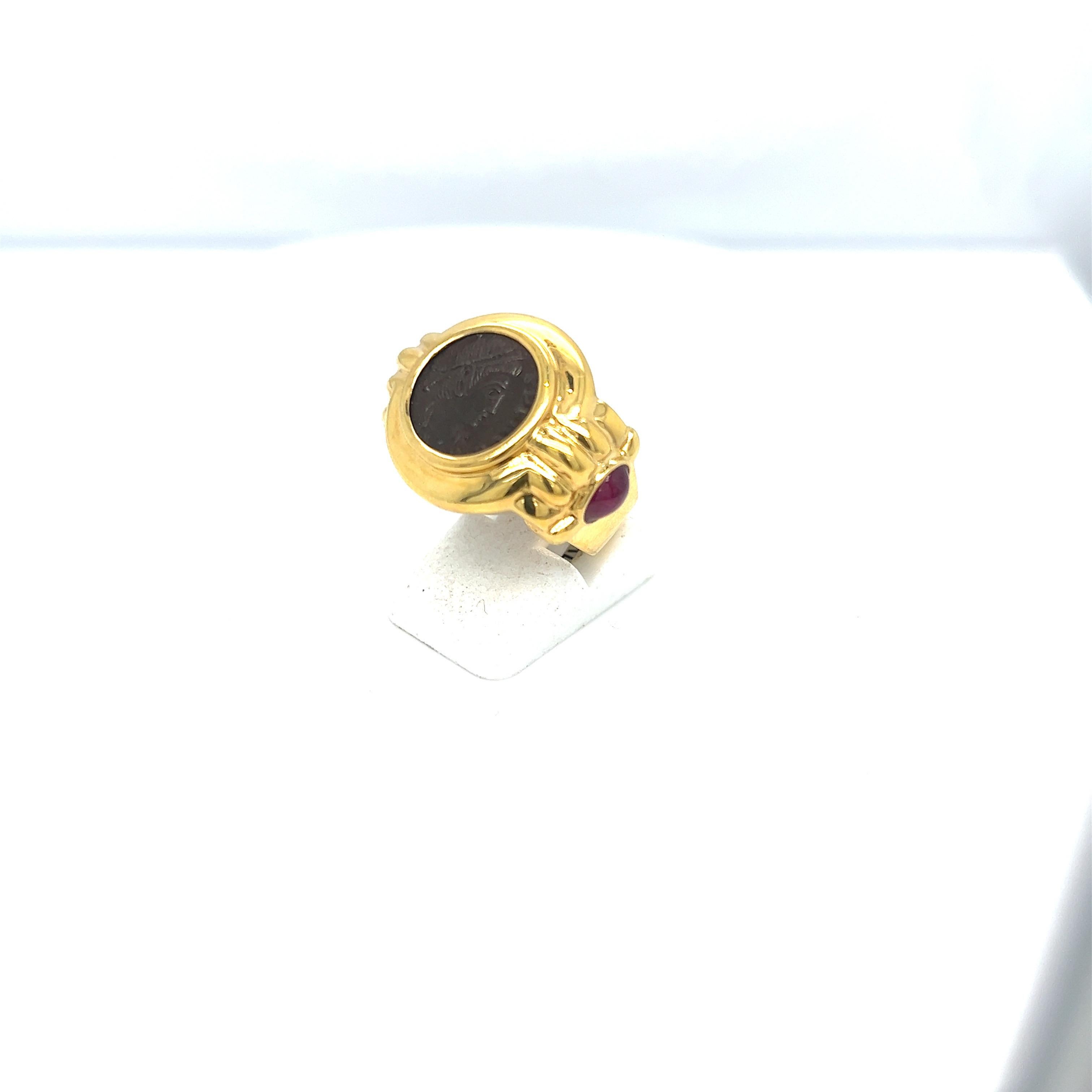 Women's or Men's 18KT Yellow Gold Ring with Indian Head Coin and  Cabochon Rubies