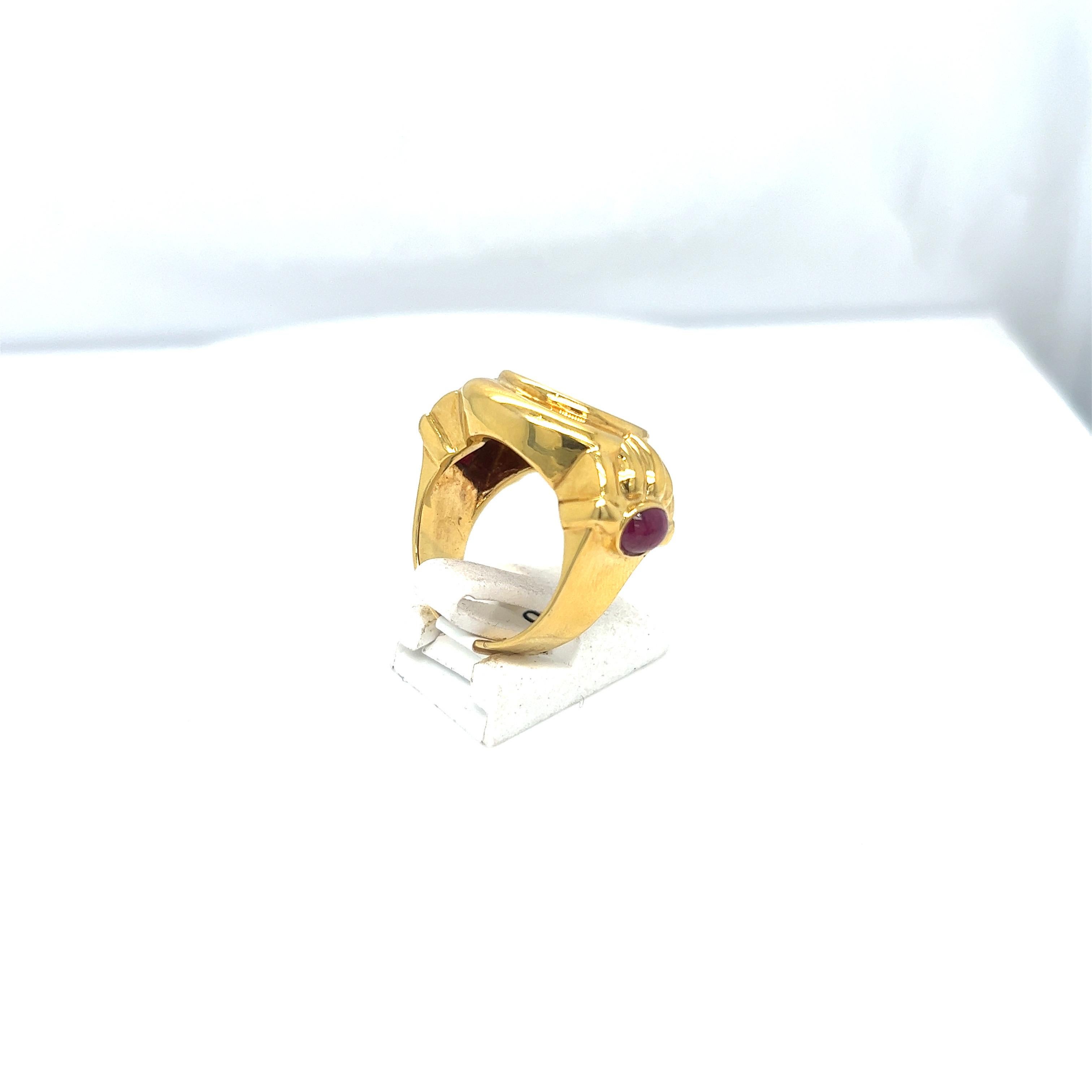 18KT Yellow Gold Ring with Indian Head Coin and  Cabochon Rubies For Sale 1