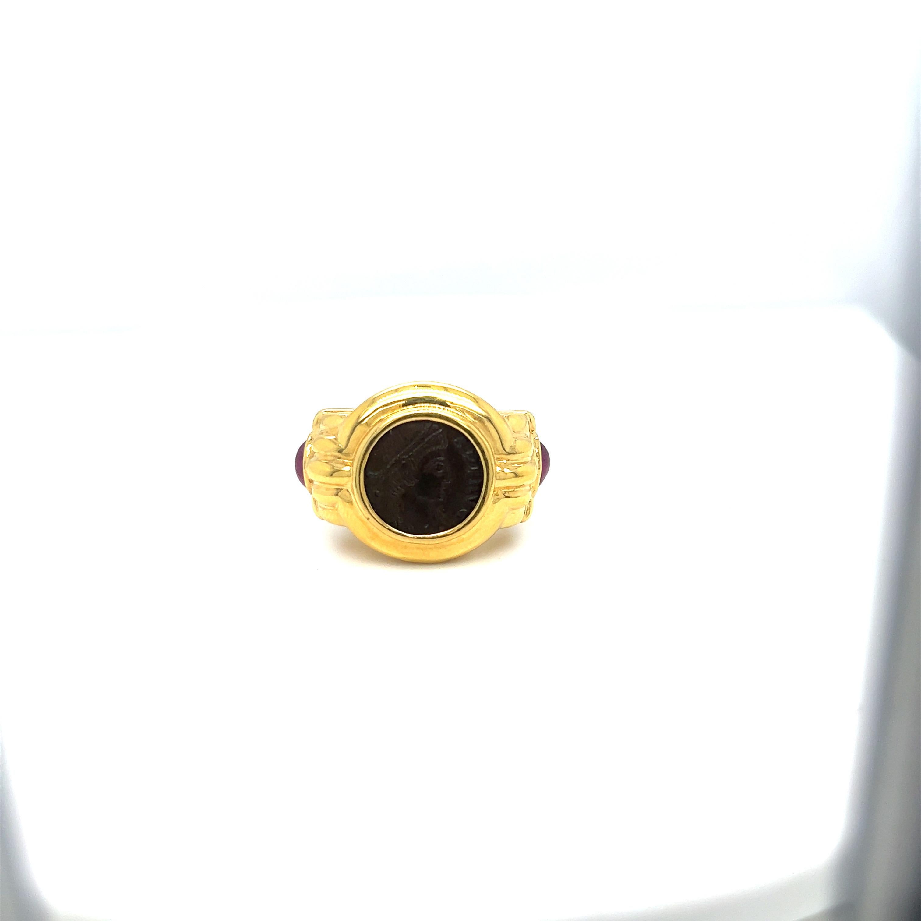 18KT Yellow Gold Ring with Indian Head Coin and  Cabochon Rubies 2