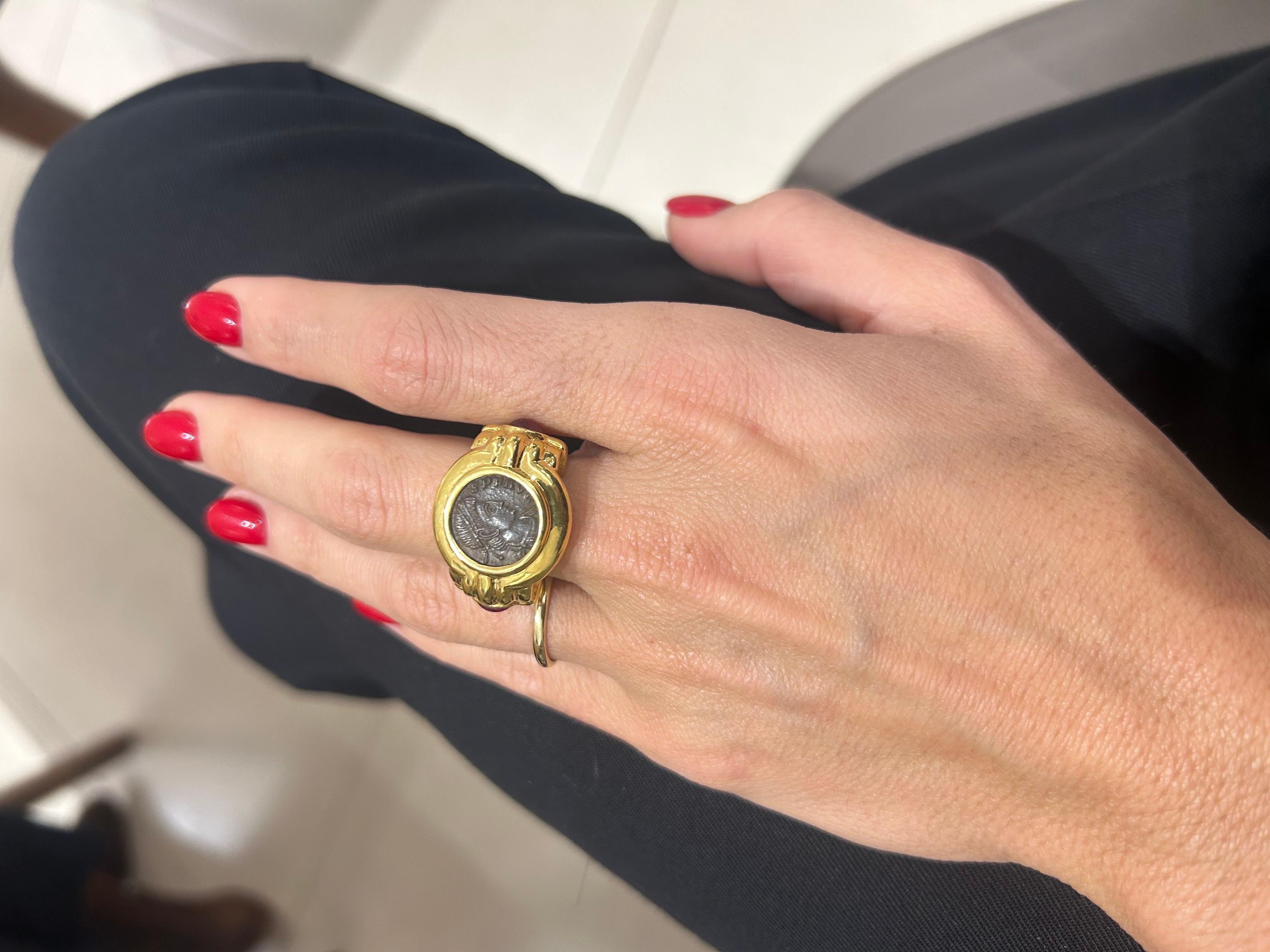 18KT Yellow Gold Ring with Indian Head Coin and  Cabochon Rubies 4