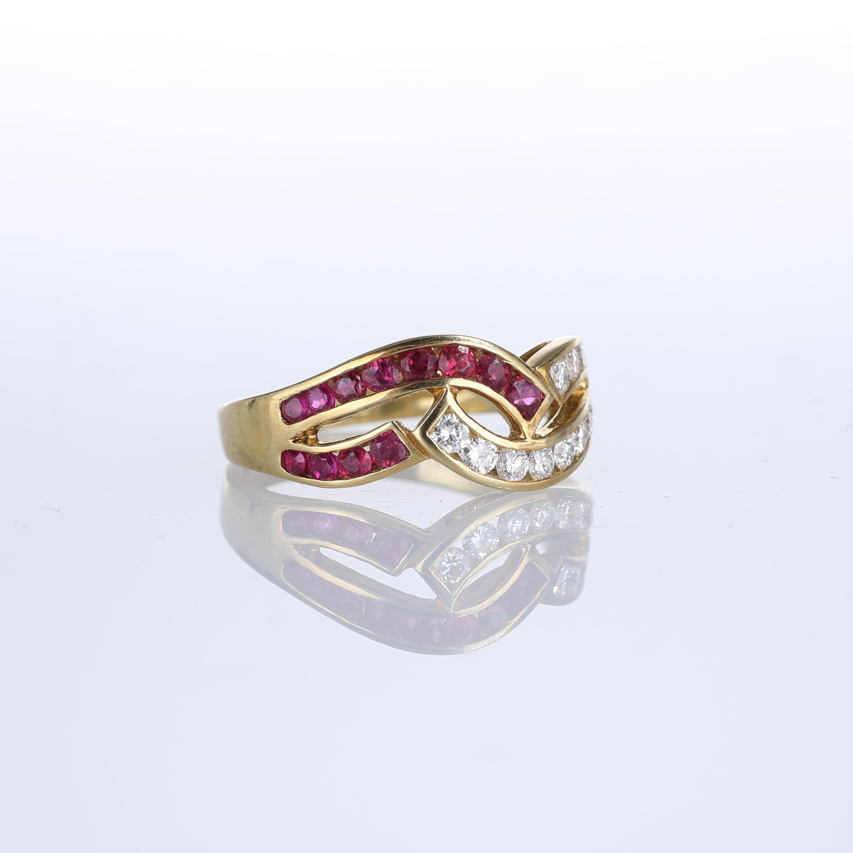 Brilliant Cut 18kt Yellow Gold Ring with Intertwined Rubies and Diamonds For Sale