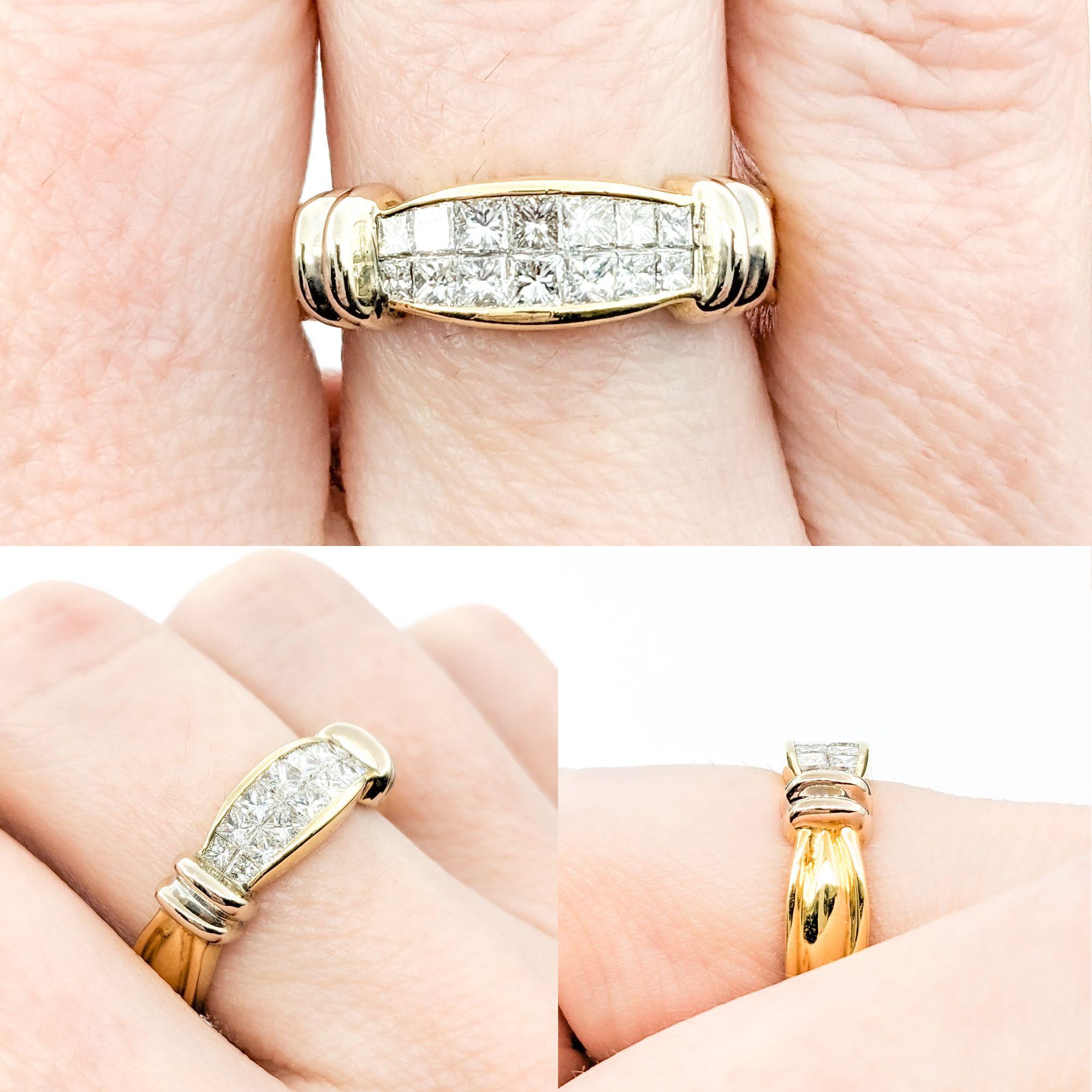 18kt Yellow Gold Ring With Invisible Set Diamonds

Introducing this stunning ring crafted in 18k yellow gold, featuring .42ctw of princess-cut diamonds. These diamonds are of SI1-SI2 clarity and H color, adding a brilliant sparkle. The elegant piece