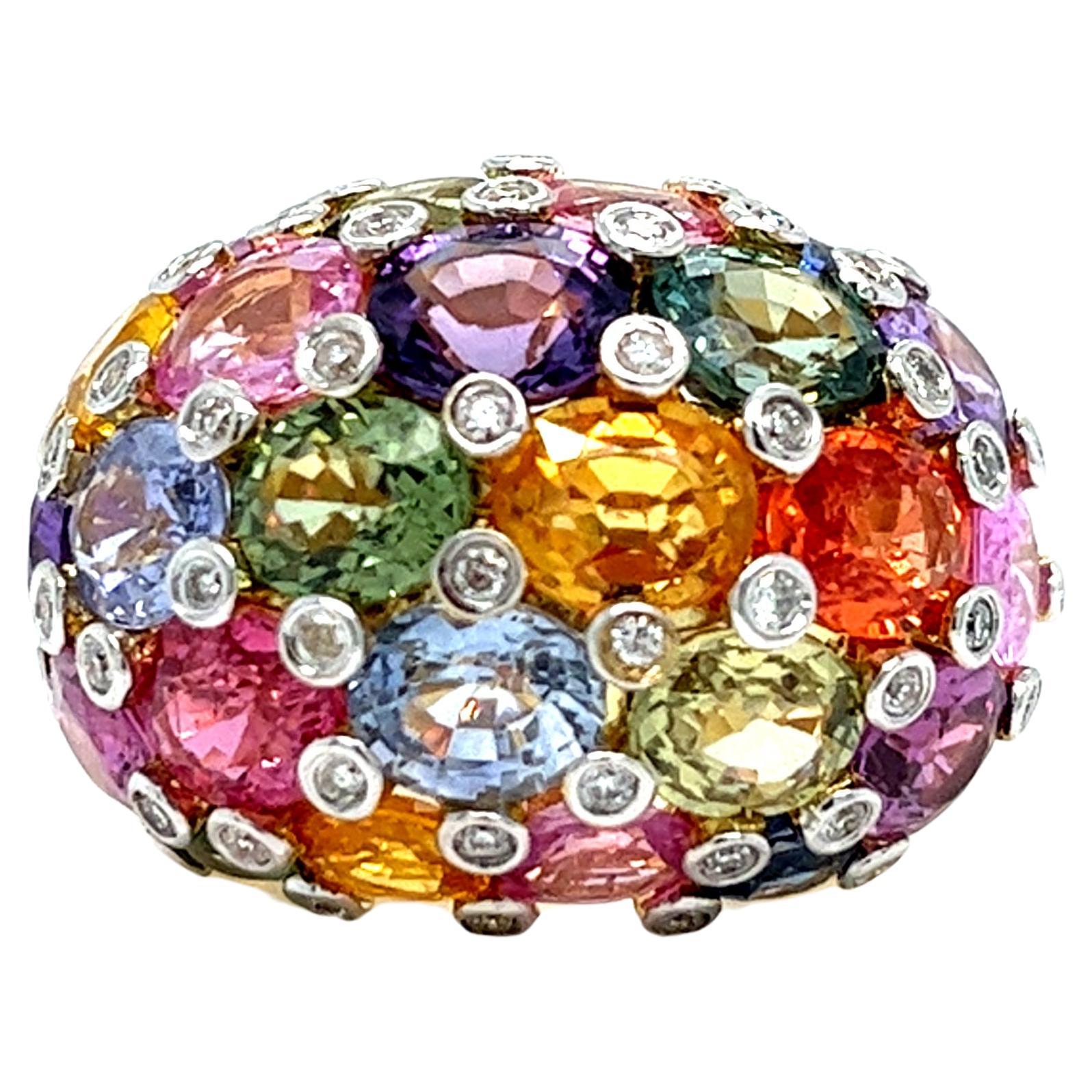 18Kt Yellow Gold Ring with Multicolor Sapphires 12.30 cts and Diamonds 0.40 cts. For Sale