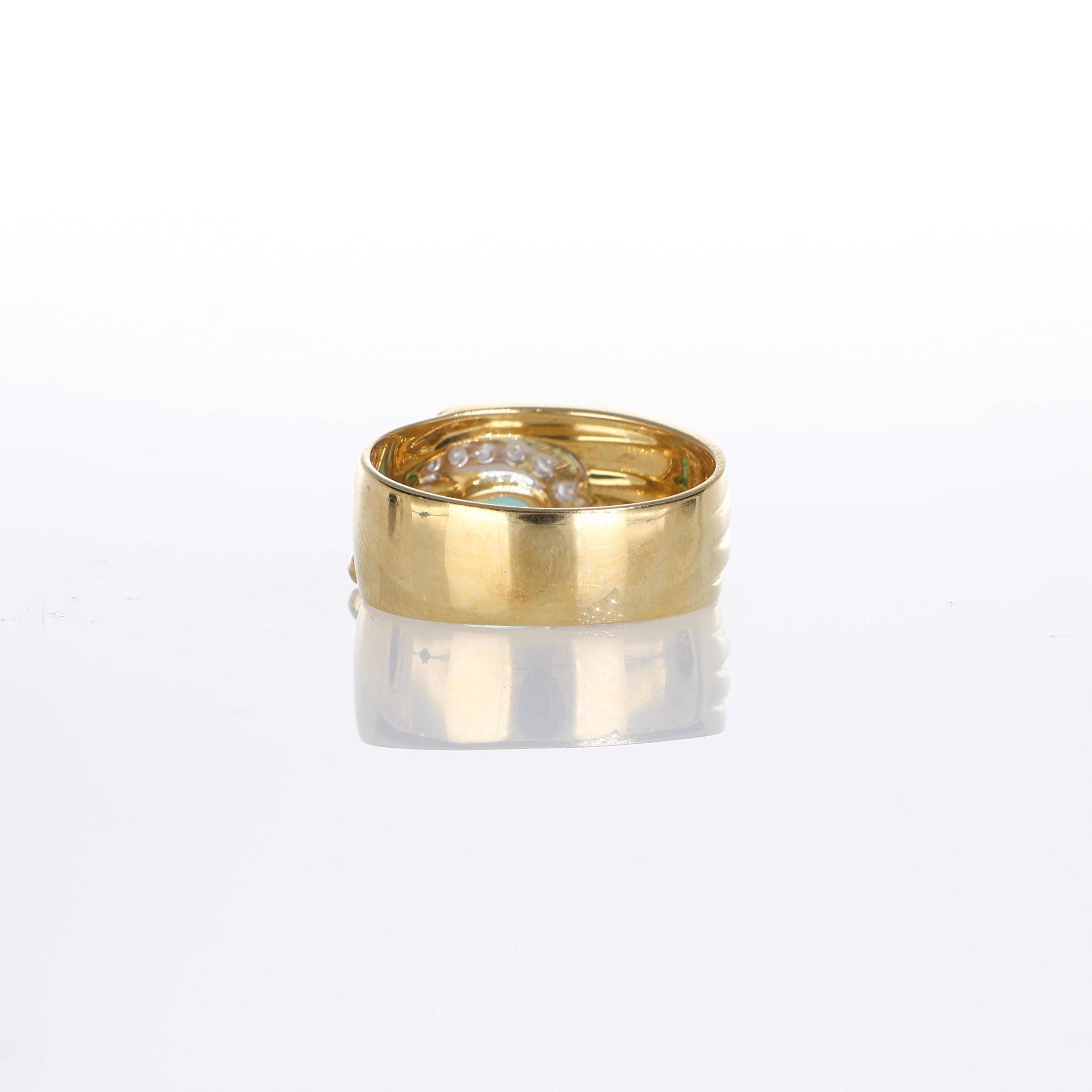 Women's or Men's 18kt Yellow Gold Ring with Oval Emerald and Pave Diamond Detail For Sale