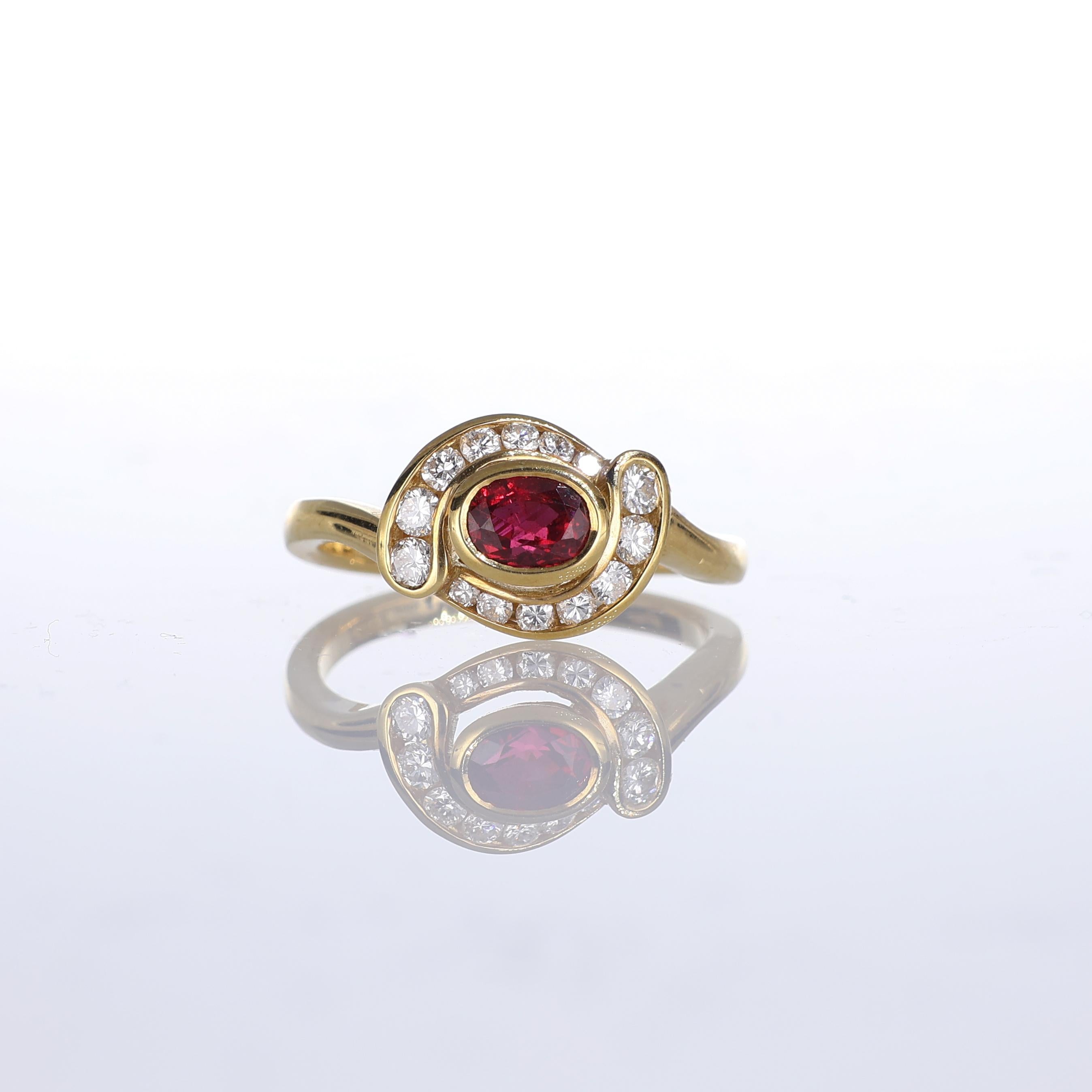 IMPORTANT NOTE:
✔ No additional costs will be added to this order.
✔ Shipping and customs duties are fully covered by us.
--------------------
This exquisite 18kt yellow gold ring showcases a vibrant oval-cut ruby at its center, surrounded by