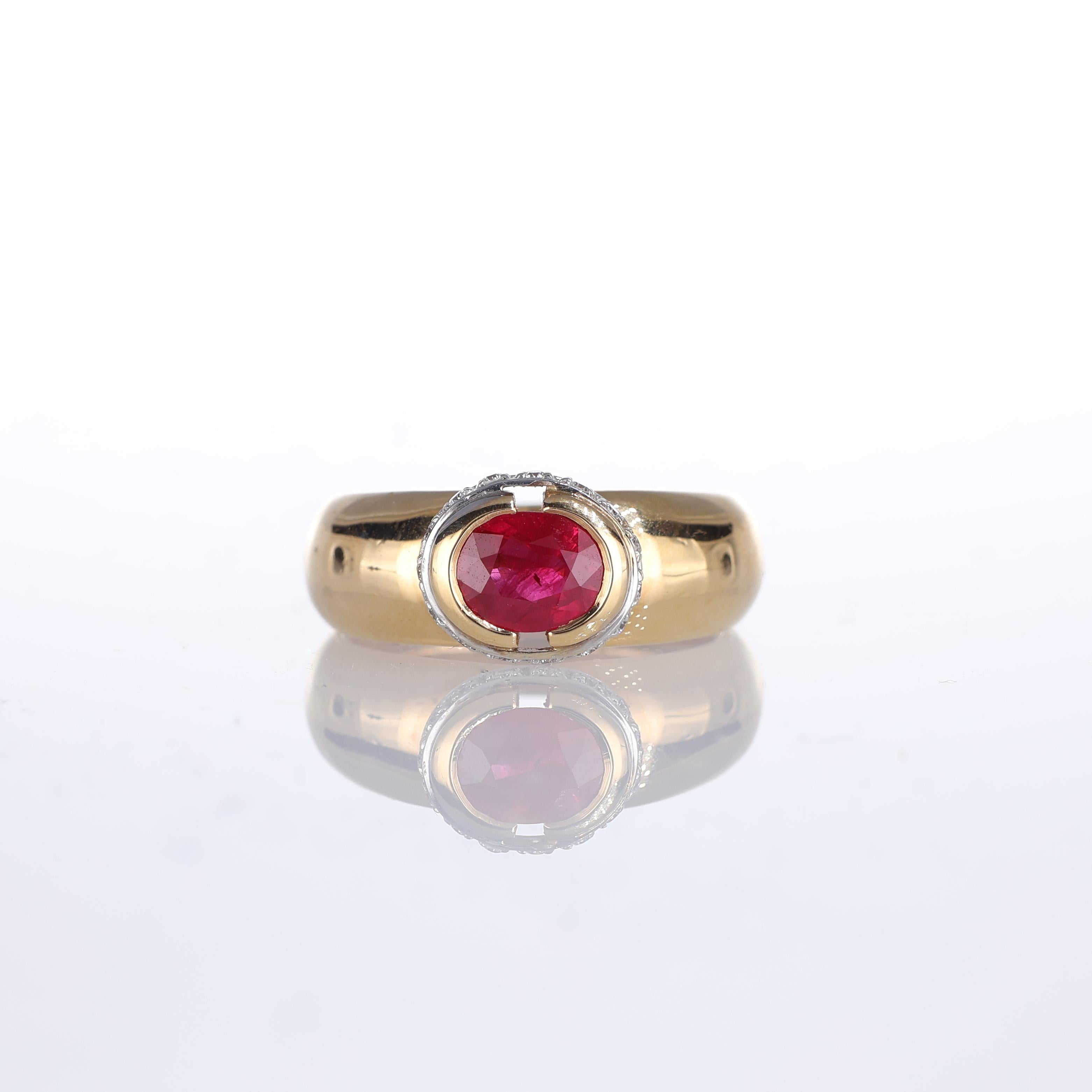 IMPORTANT NOTE:
✔ No additional costs will be added to this order.
✔ Shipping and customs duties are fully covered by us.
--------------------
This exquisite 18kt yellow gold ring showcases a stunning central oval ruby of 1.27 carats, framed by a