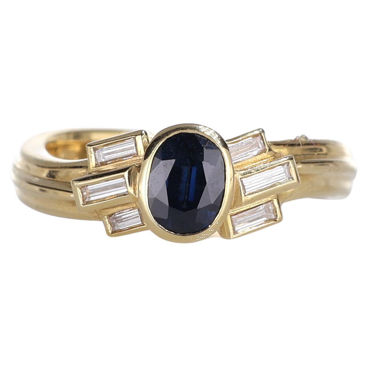 18kt Yellow Gold Ring with Oval Sapphire and Baguette-Cut Diamonds