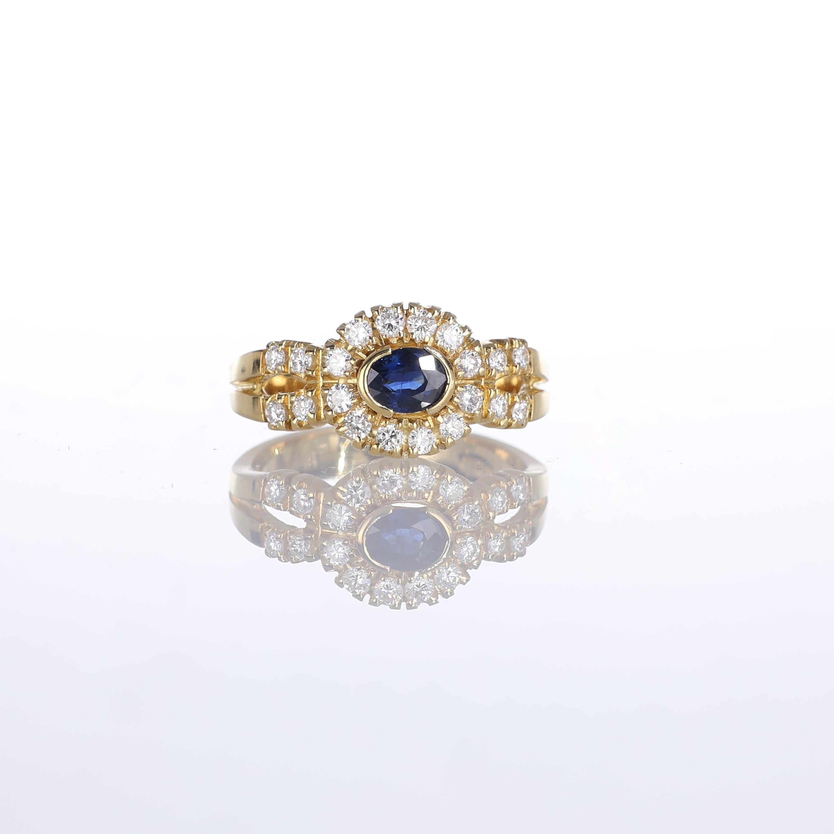 IMPORTANT NOTE:
✔ No additional costs will be added to this order.
✔ Shipping and customs duties are fully covered by us.
--------------------
This stunning 18kt yellow gold ring features a deep blue oval sapphire at its center, encircled by a halo
