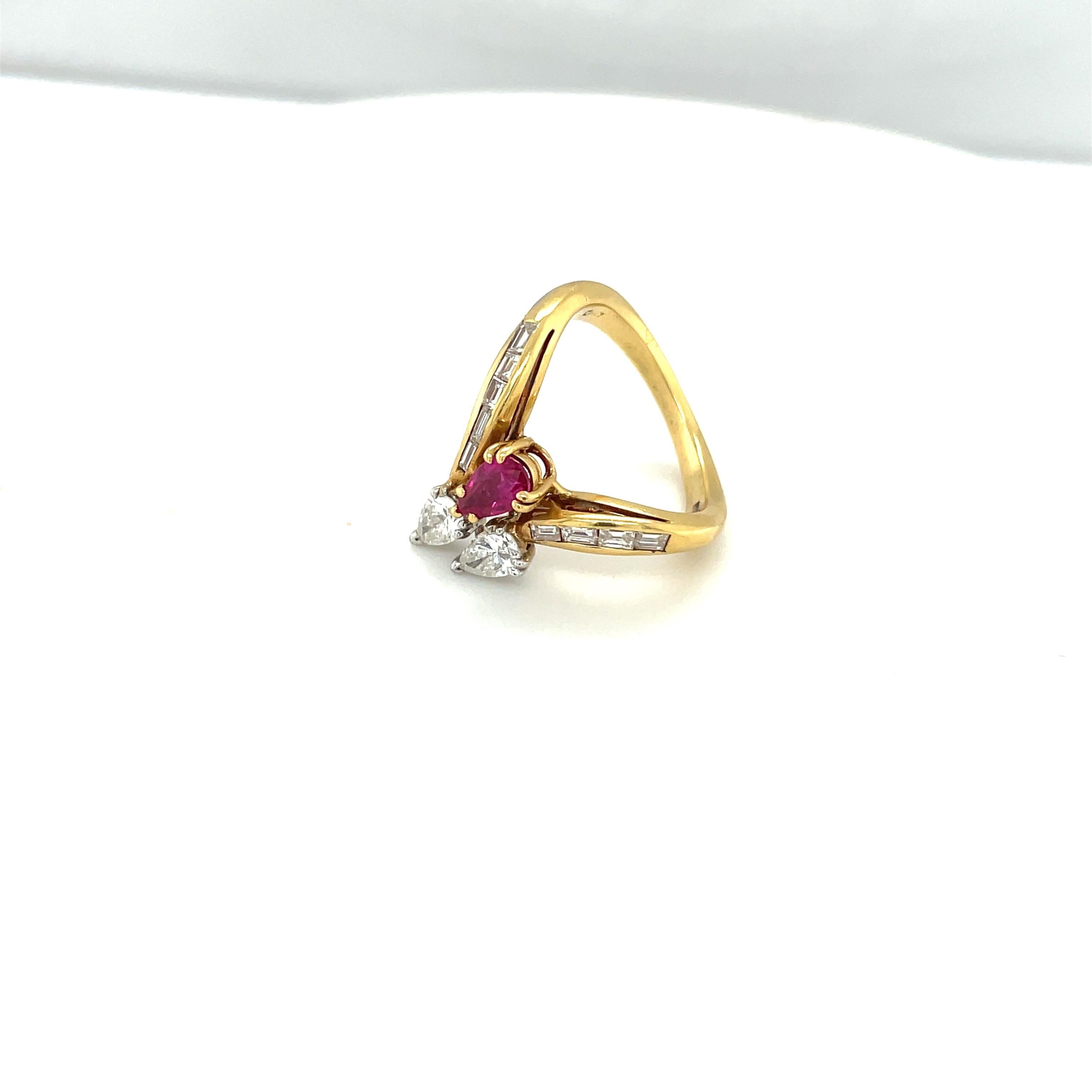 18KT Yellow Gold Ring with Pear and Baguette 0.90Ct Diamond 0.51Ct. Ruby For Sale 4