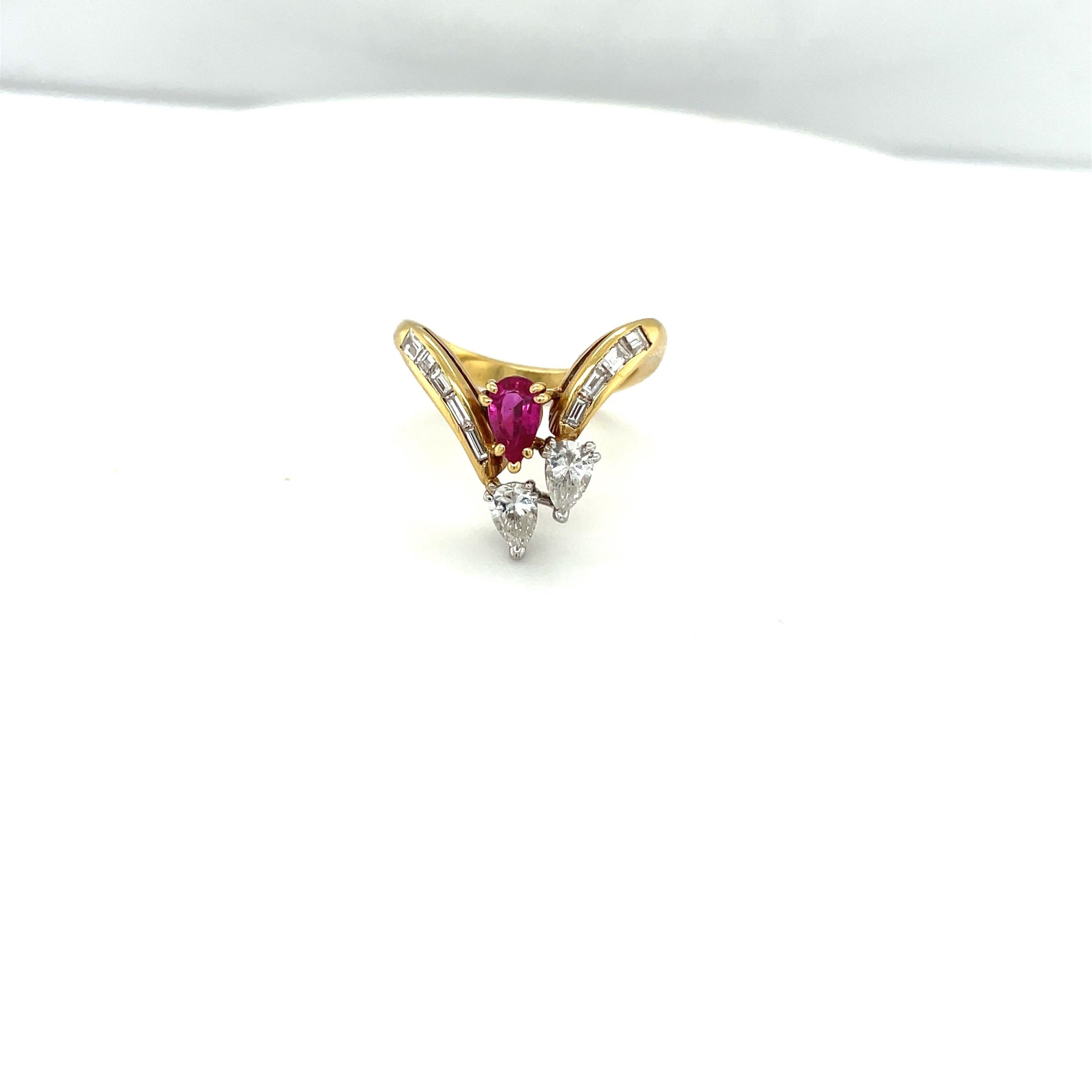 18KT Yellow Gold Ring with Pear and Baguette 0.90Ct Diamond 0.51Ct. Ruby In New Condition For Sale In New York, NY