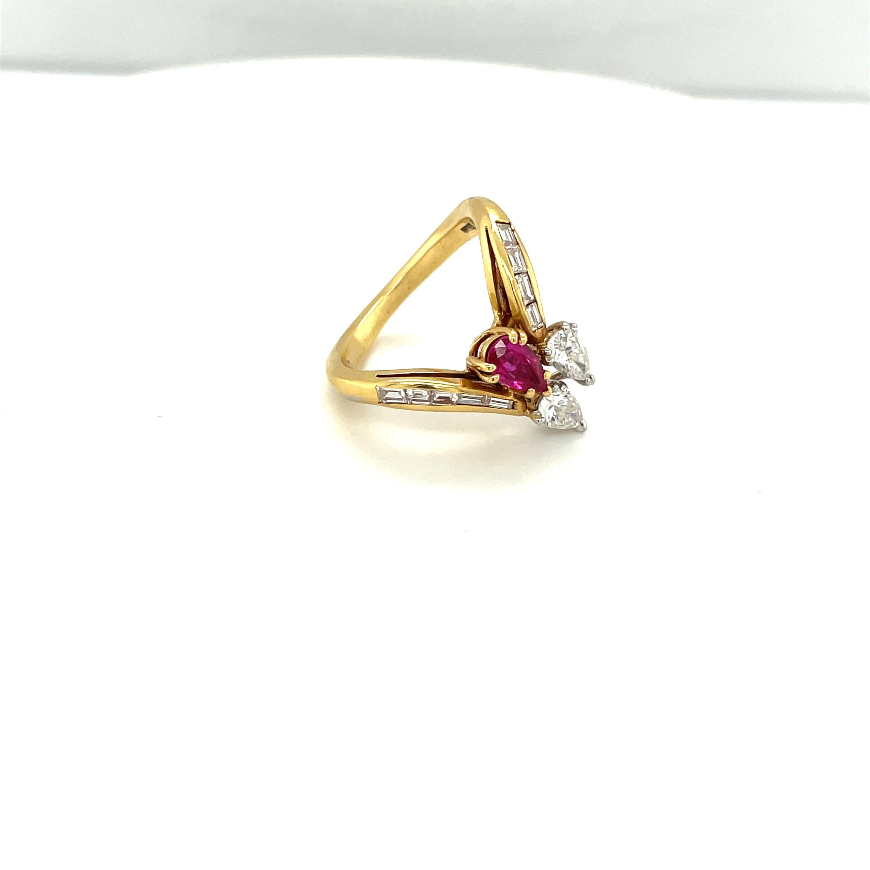 Women's or Men's 18KT Yellow Gold Ring with Pear and Baguette 0.90Ct Diamond 0.51Ct. Ruby For Sale