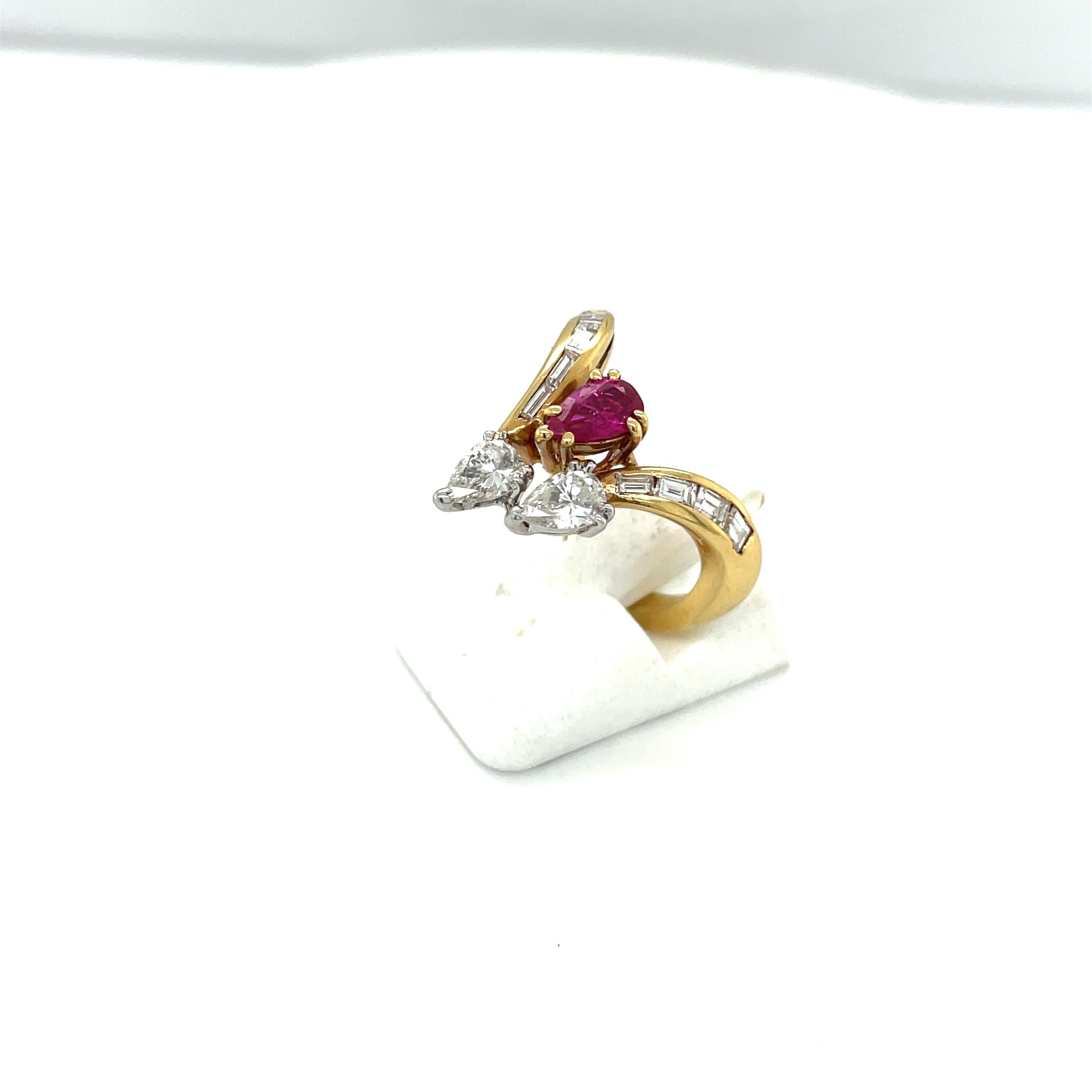 18KT Yellow Gold Ring with Pear and Baguette 0.90Ct Diamond 0.51Ct. Ruby For Sale 1