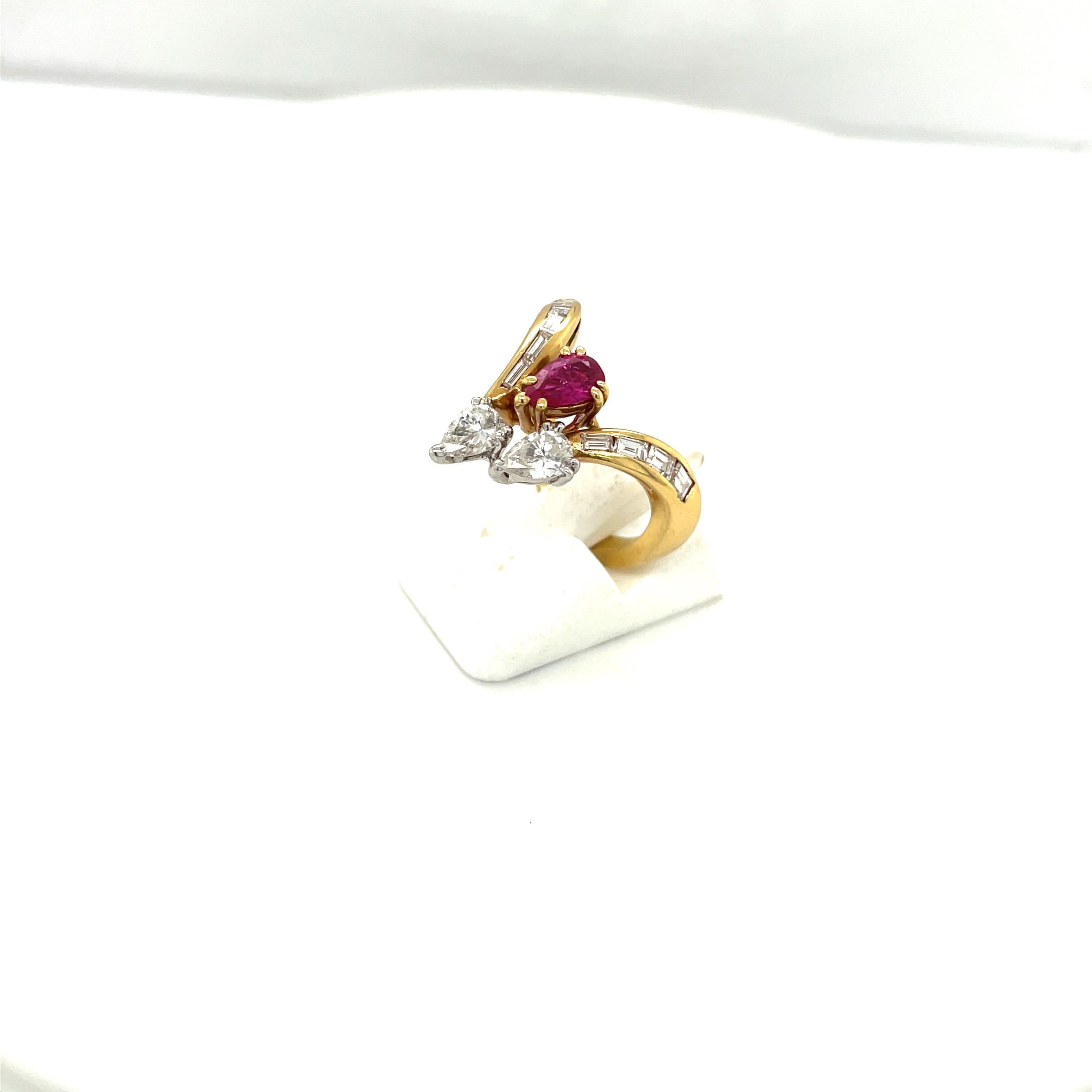 18KT Yellow Gold Ring with Pear and Baguette 0.90Ct Diamond 0.51Ct. Ruby For Sale 2