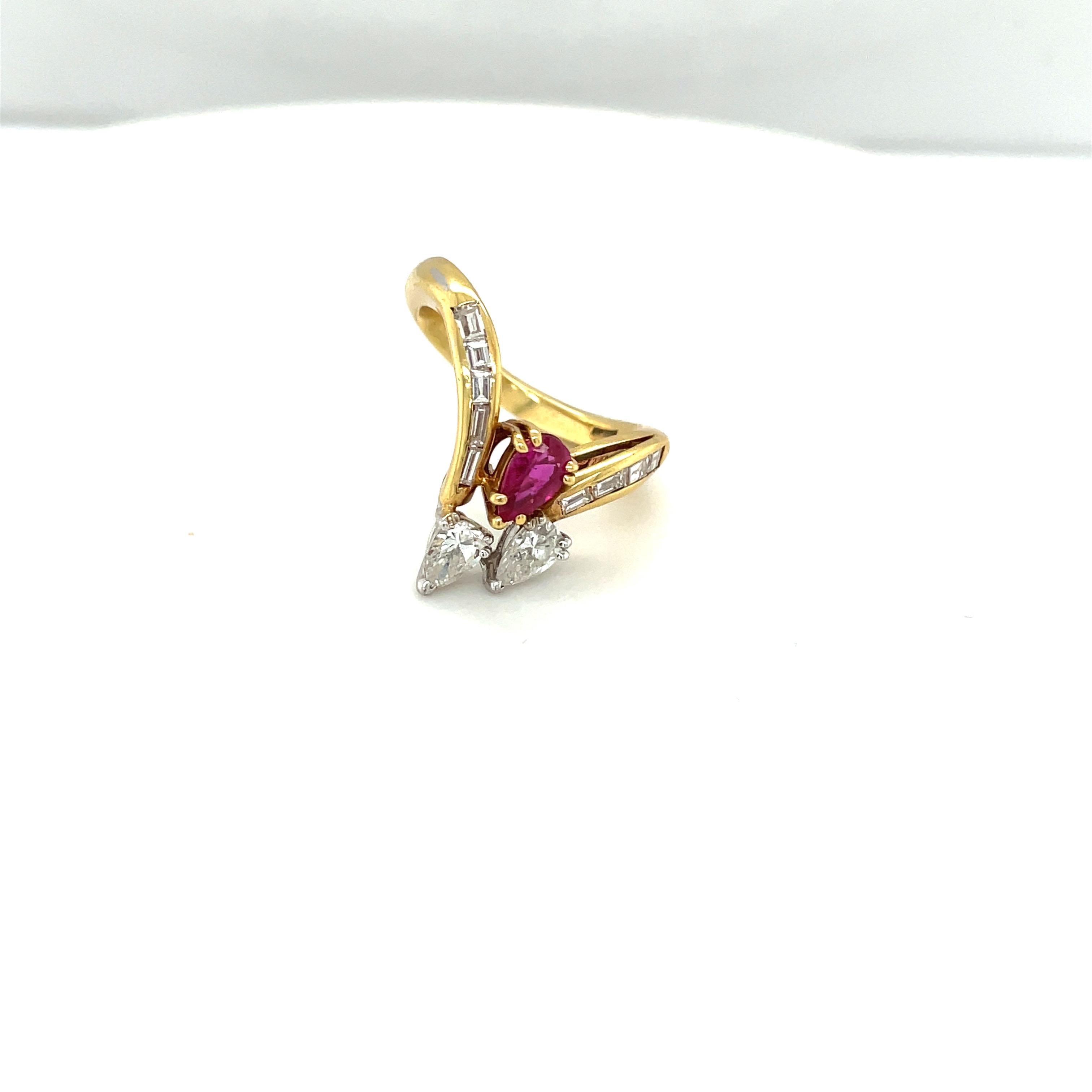 18KT Yellow Gold Ring with Pear and Baguette 0.90Ct Diamond 0.51Ct. Ruby For Sale 3