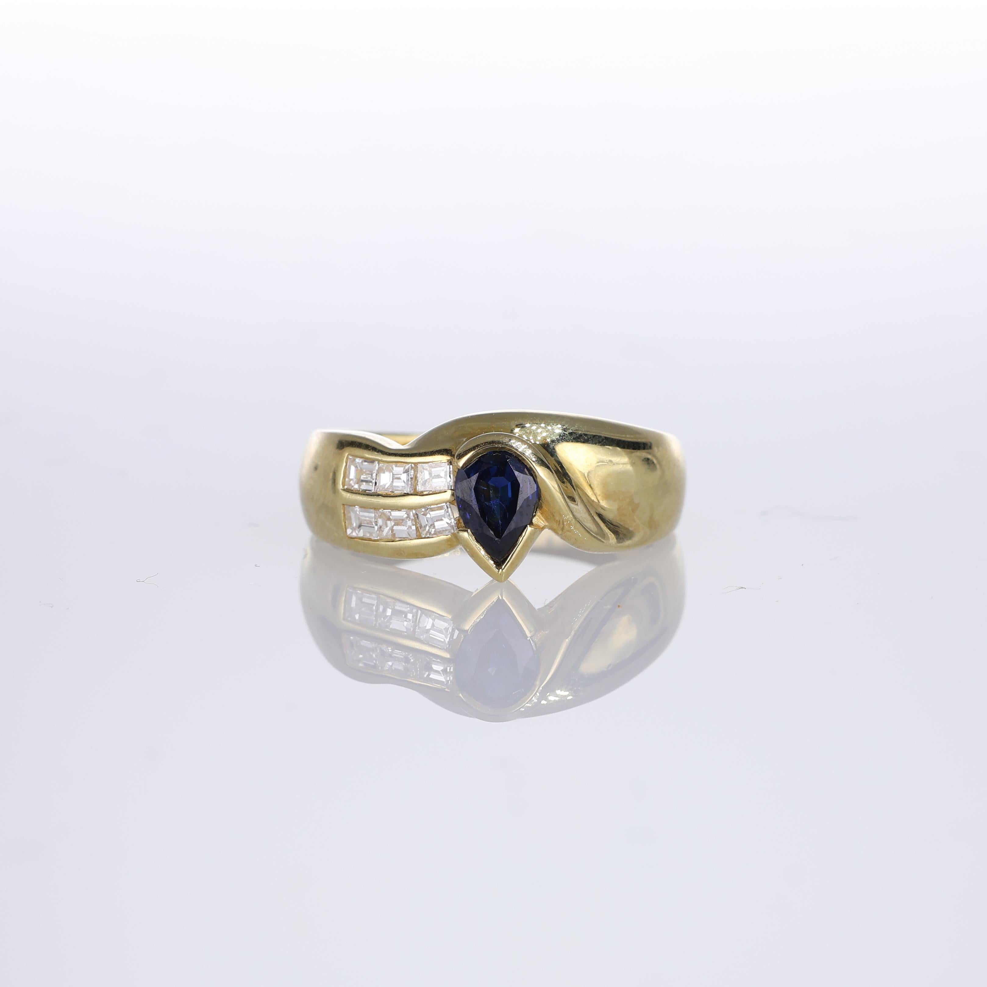 IMPORTANT NOTE:
✔ No additional costs will be added to this order.
✔ Shipping and customs duties are fully covered by us.
--------------------
A sophisticated 18kt yellow gold ring featuring a stunning pear-cut sapphire weighing 0.61 carats.