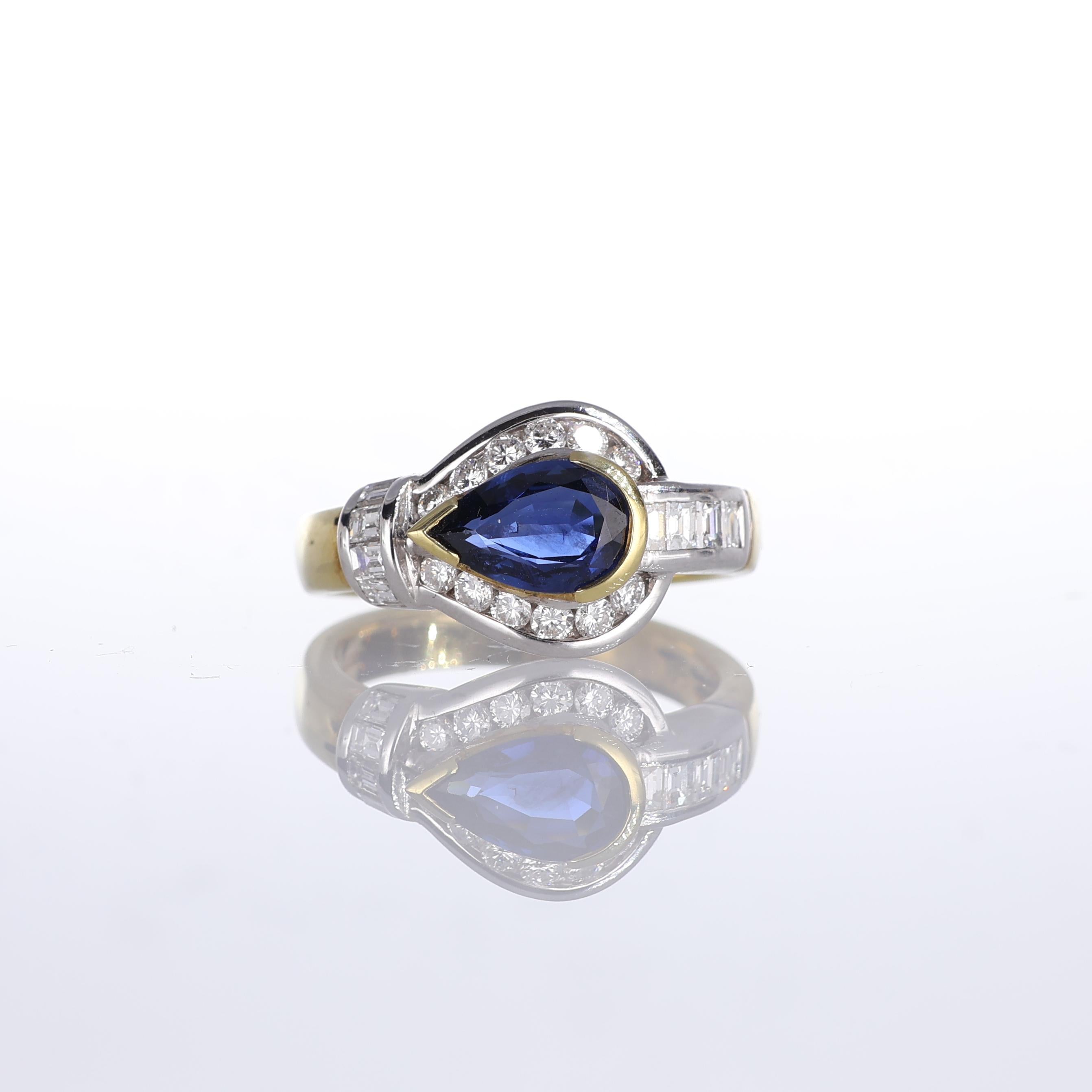 IMPORTANT NOTE:
✔ No additional costs will be added to this order.
✔ Shipping and customs duties are fully covered by us.
--------------------
This exquisite 18kt yellow gold ring showcases a 1.16-carat pear-cut sapphire encased in a shimmering