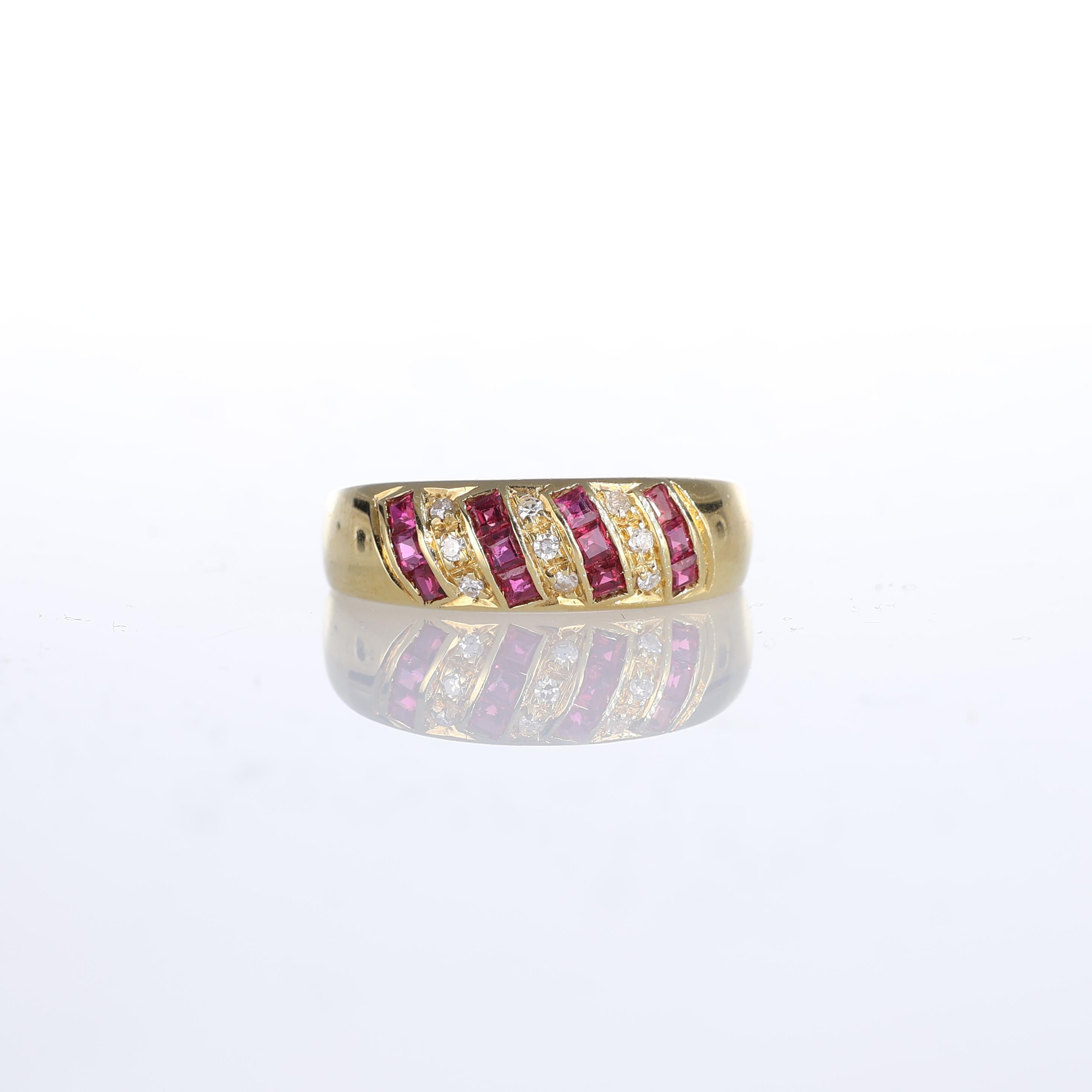 IMPORTANT NOTE:
✔ No additional costs will be added to this order.
✔ Shipping and customs duties are fully covered by us.
--------------------
This elegant 18kt yellow gold band ring features a diagonal pattern of carré-cut rubies and round