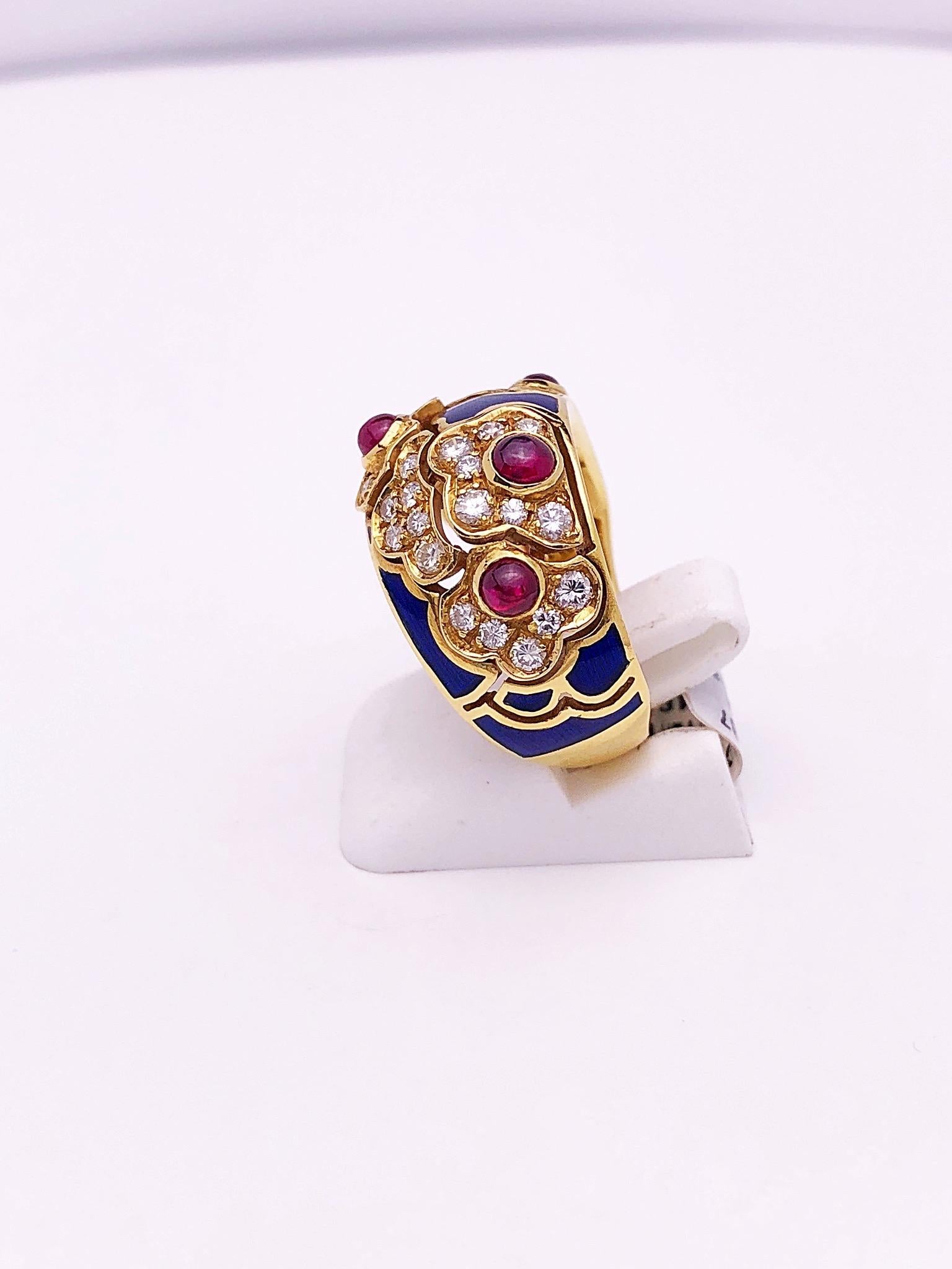 Contemporary 18 Karat Yellow Gold Ring with Rubies, Diamonds and Enamel