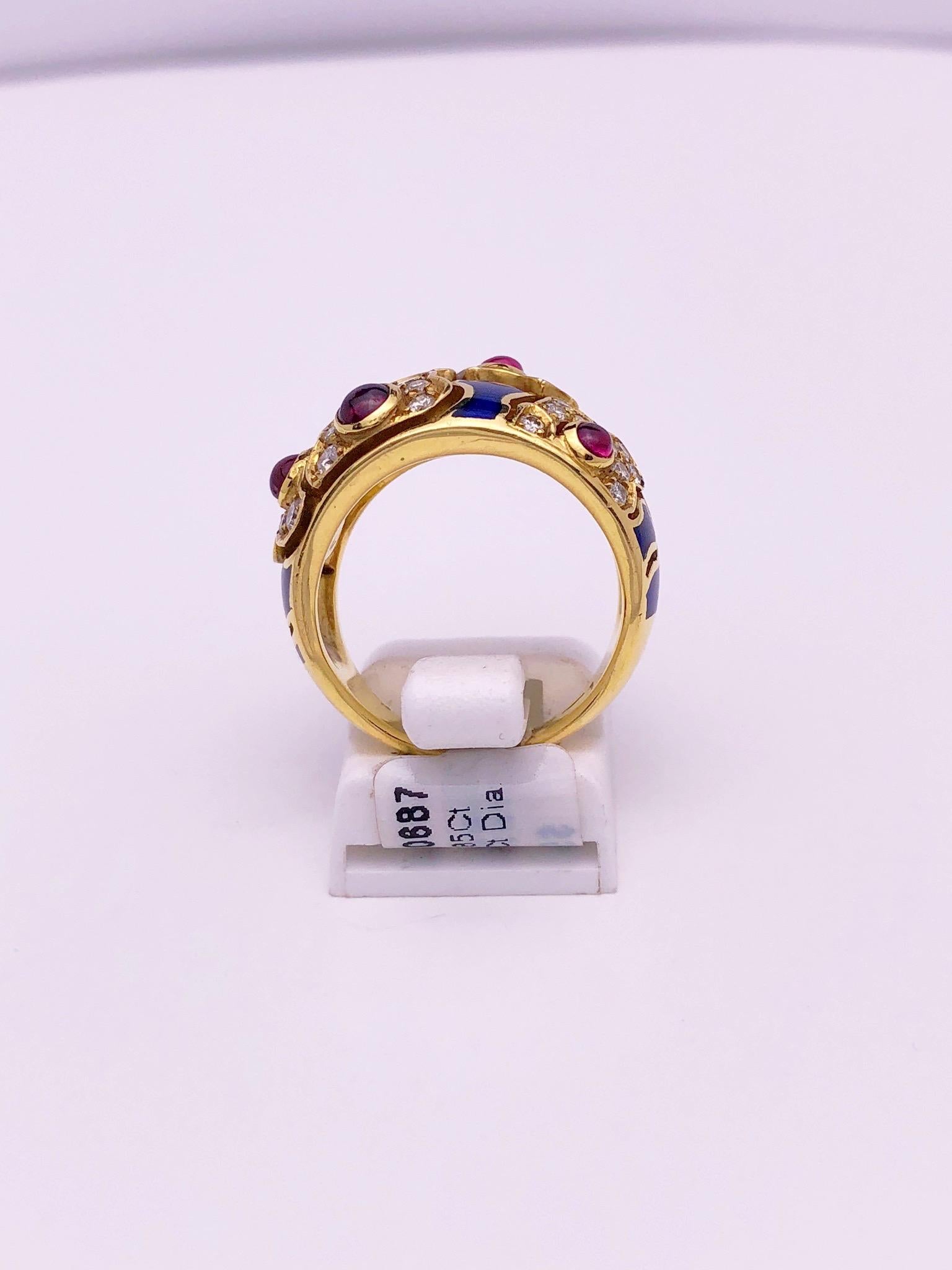 Round Cut 18 Karat Yellow Gold Ring with Rubies, Diamonds and Enamel