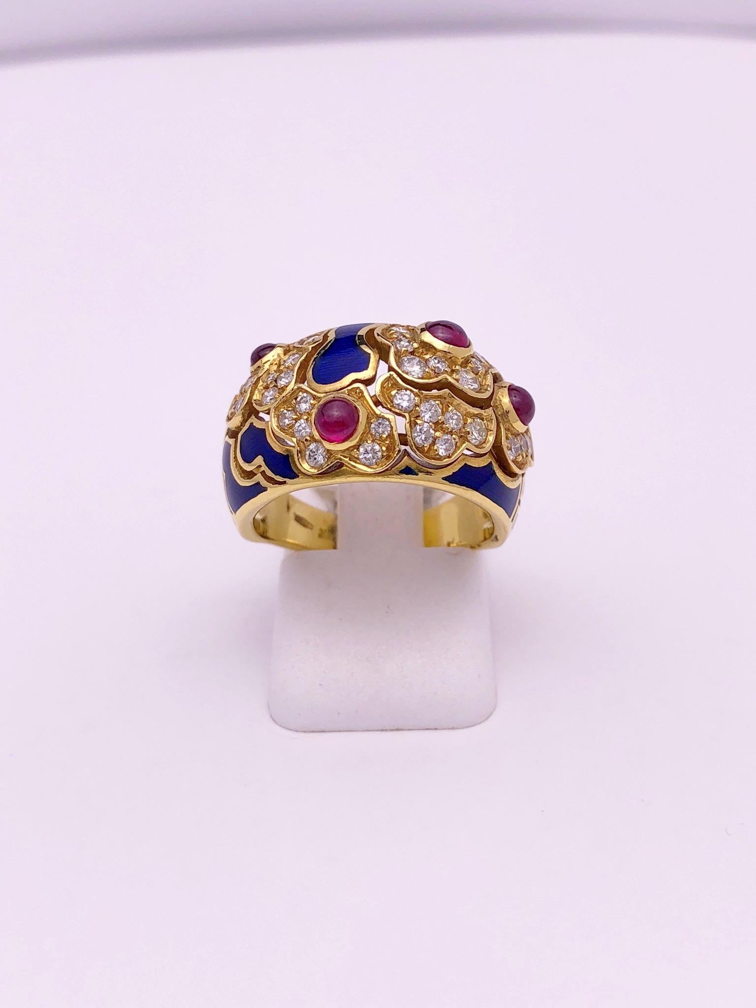 18 Karat Yellow Gold Ring with Rubies, Diamonds and Enamel In New Condition In New York, NY